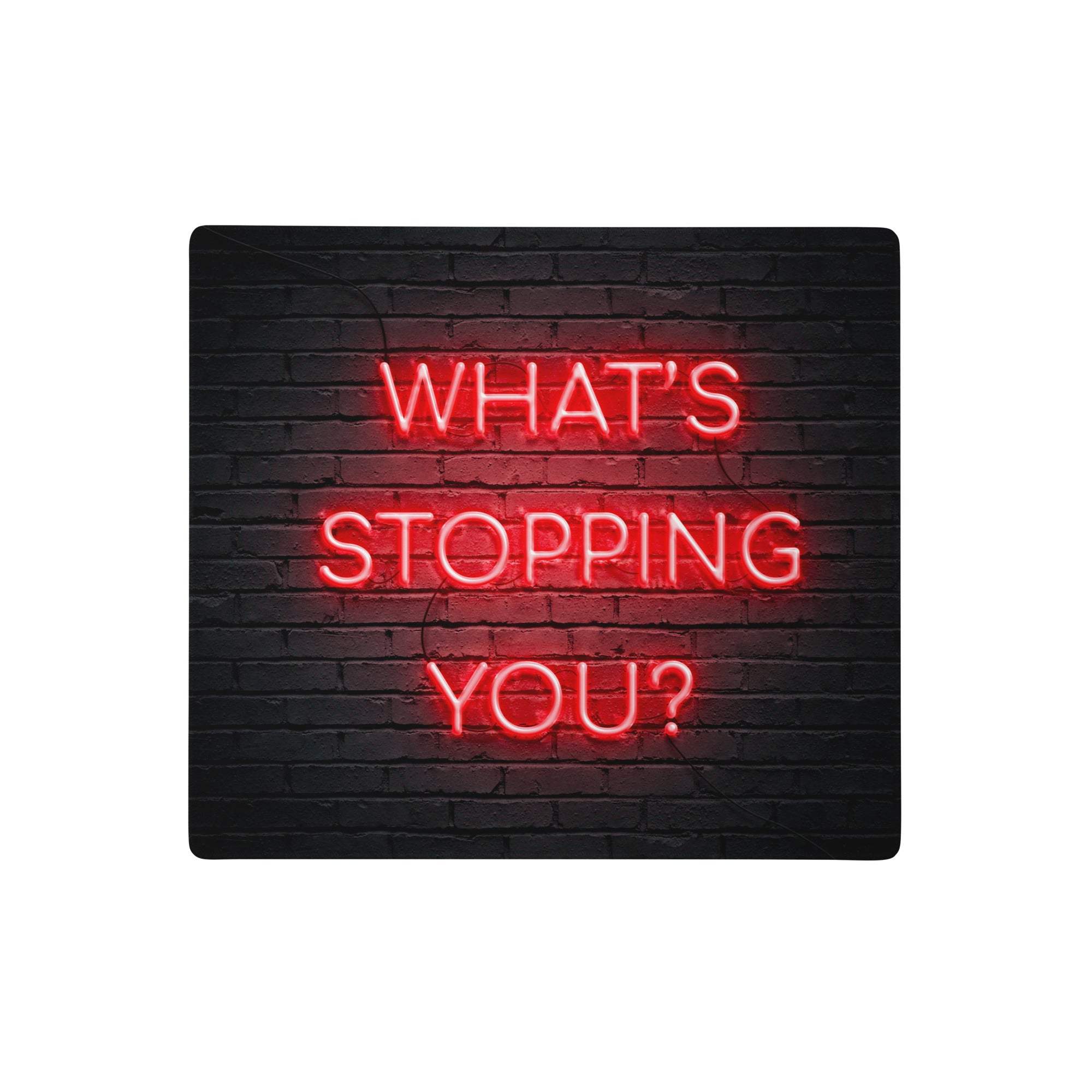 Red neon mouse pad with whats stopping you sign on dark brick wall for gaming and motivational desk decor