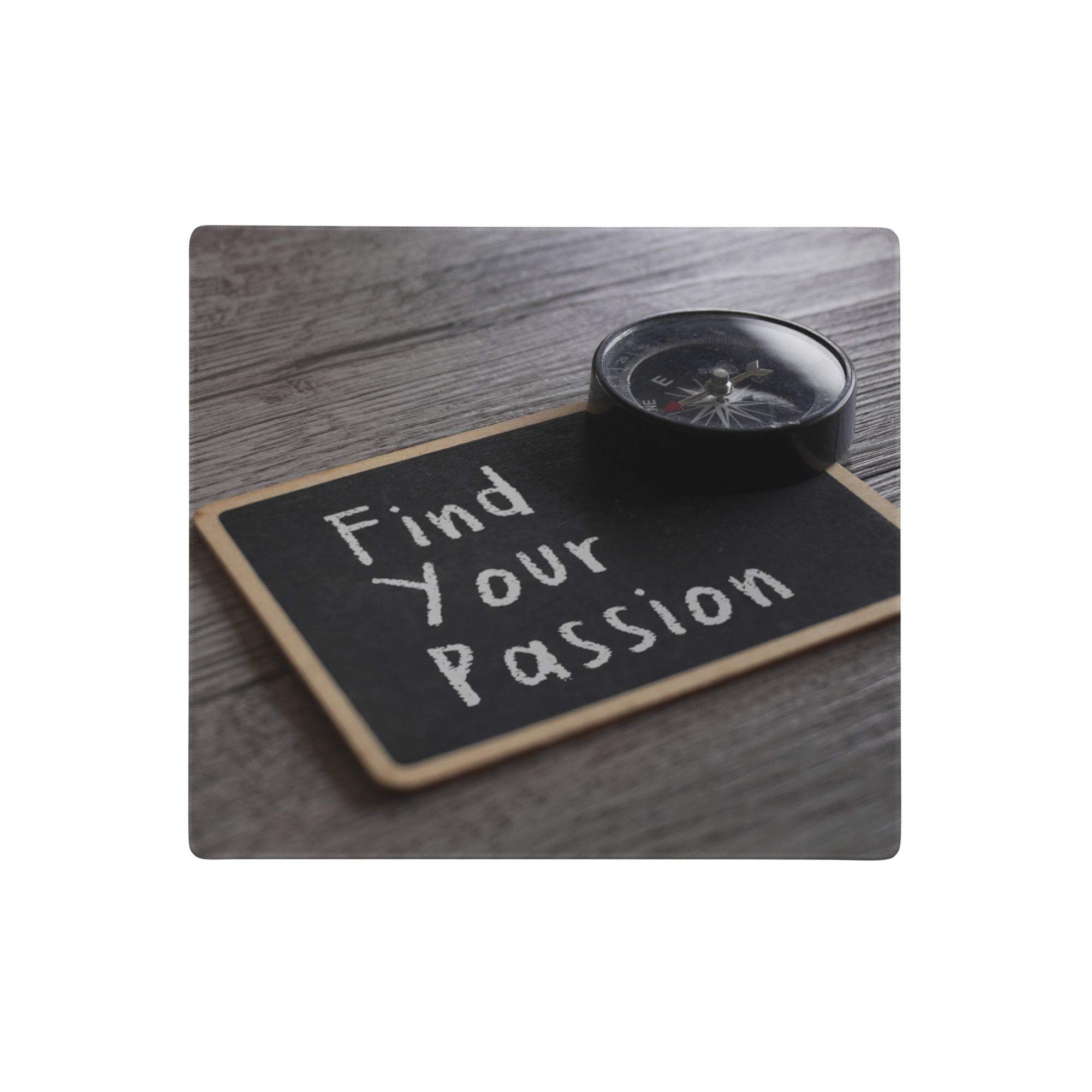 Black white chalkboard mouse pad with wooden frame and white cursive text find your passion with black compass design