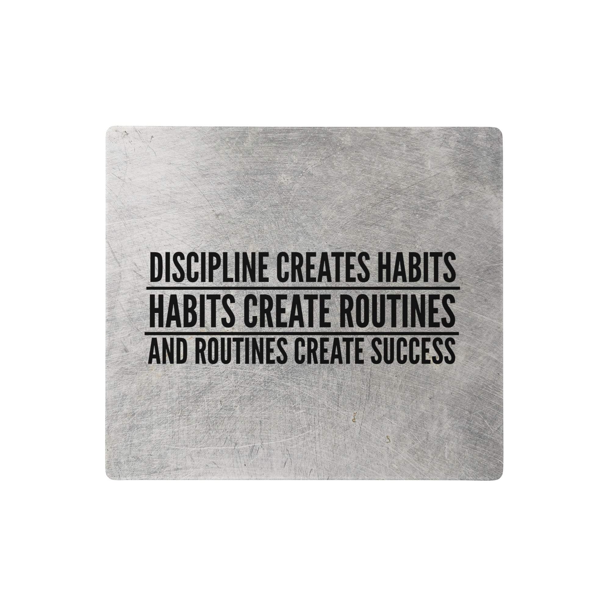 Silver metallic rectangular coaster with brushed finish and black motivational typography for office and gaming use