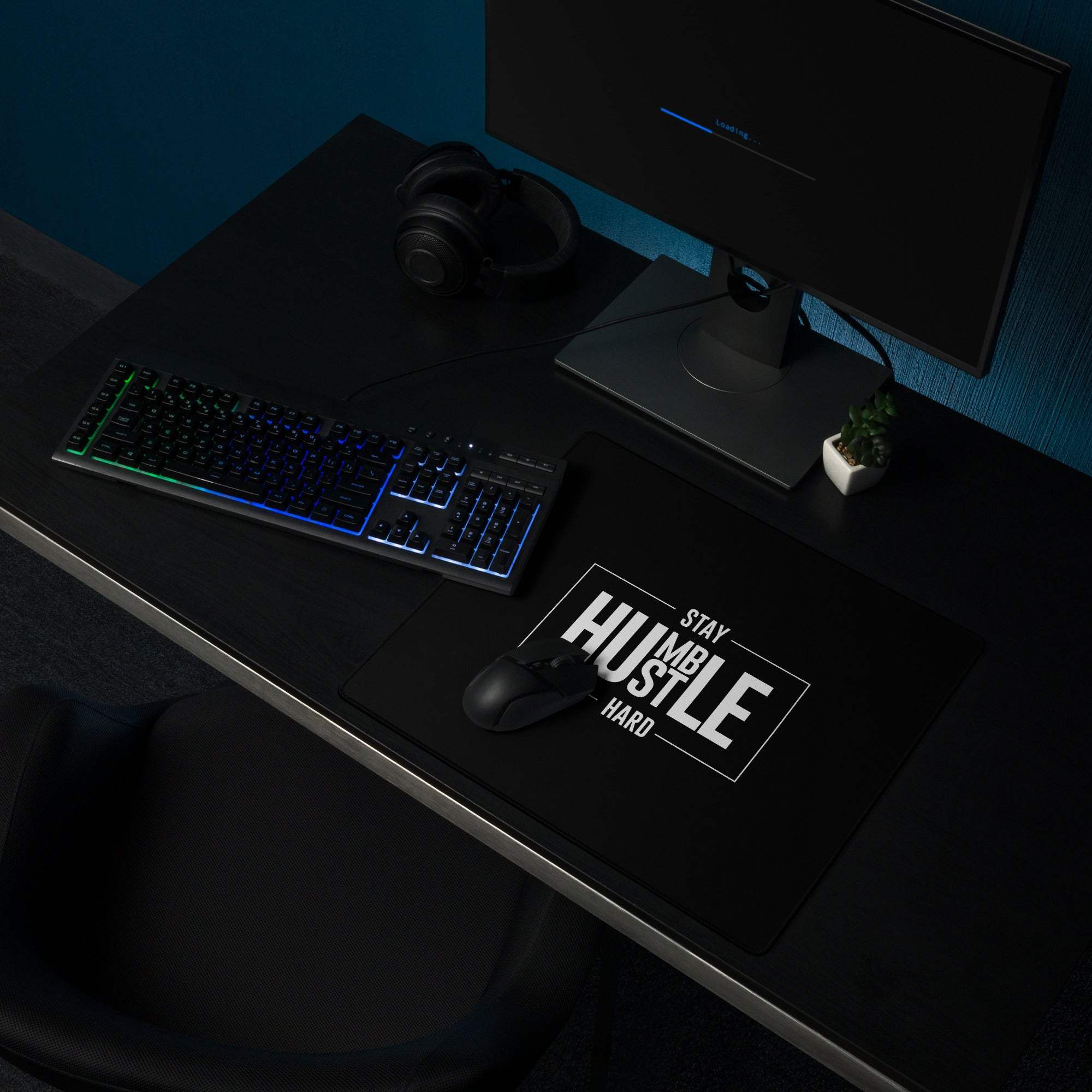 Black fabric mouse pad with white stay humble hustle hard typography for gaming and desk mood decor