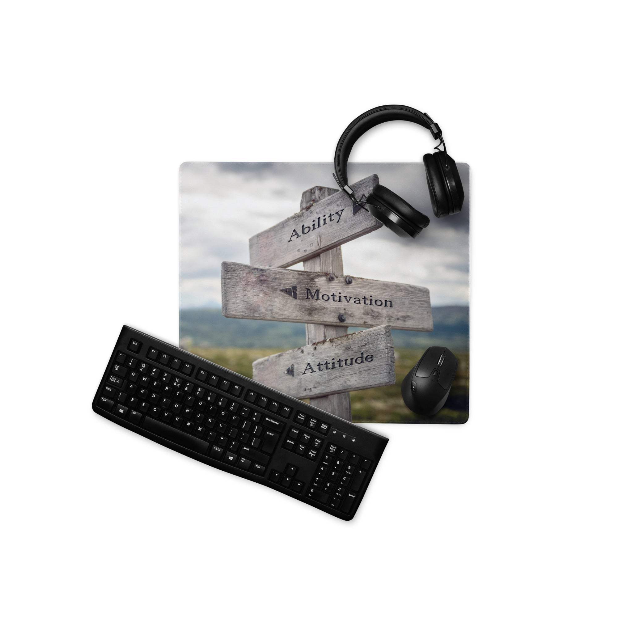 Rectangular polyester mousepad with rustic wooden signpost print featuring ability motivation attitude in natural wood tones