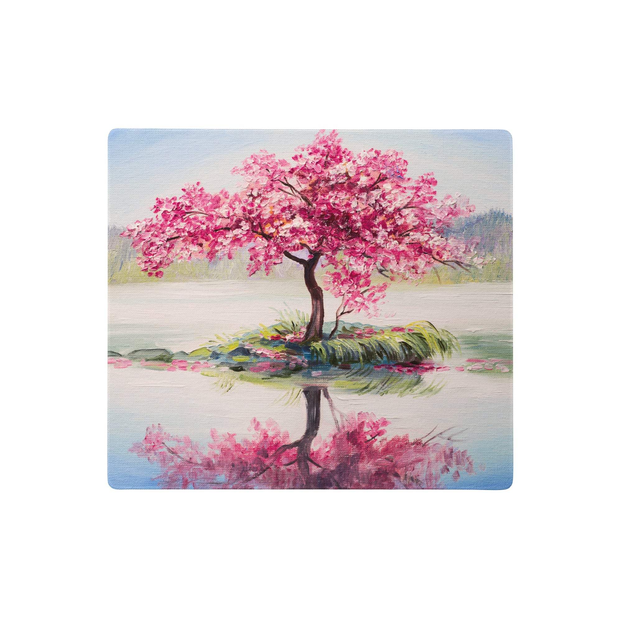 Blossom park gaming mouse pad with vibrant pink cherry blossom tree, green grass, lily pads, and calm water reflection
