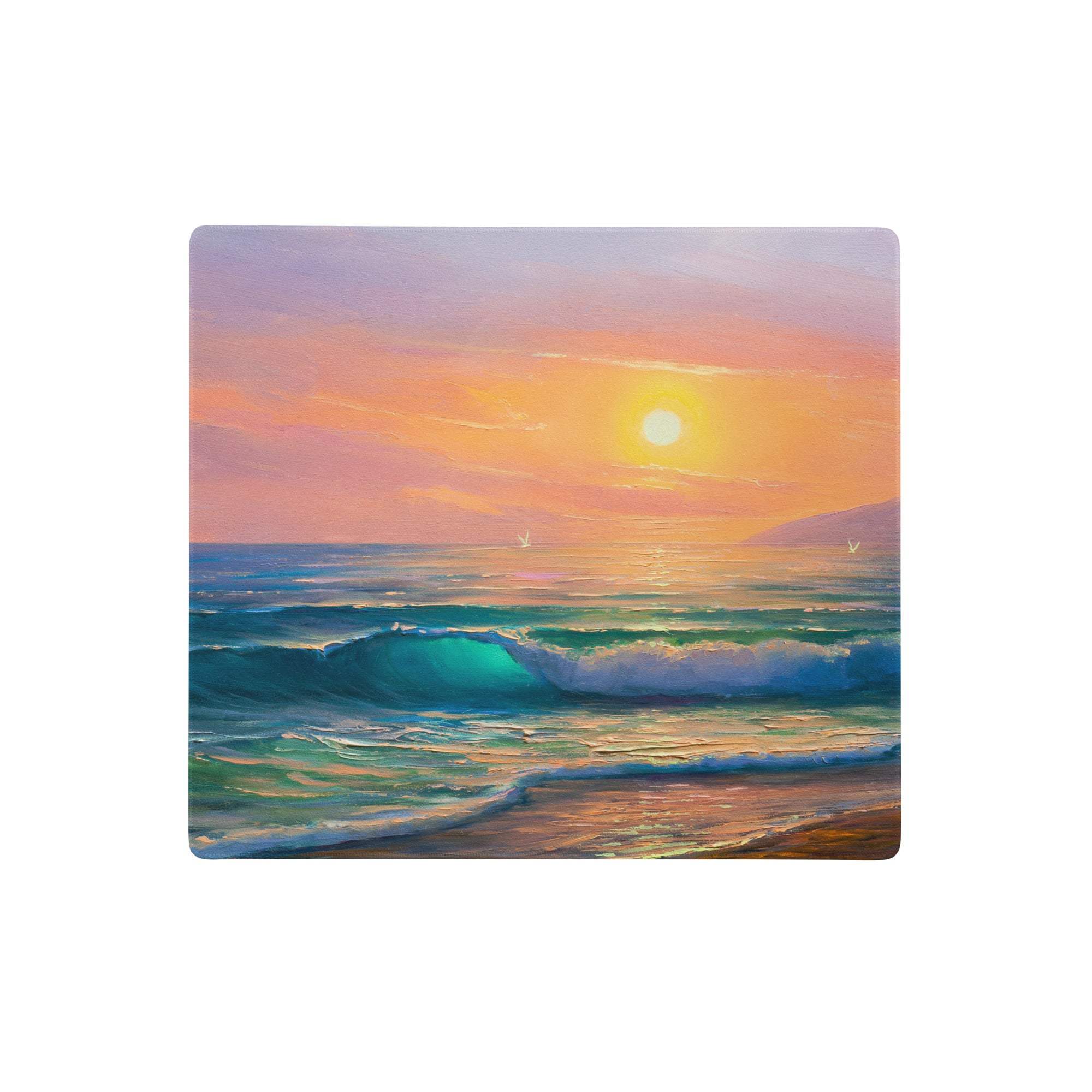 Sunset seascape gaming mousepad with vibrant orange pink skies turquoise waves and golden sun for calm desk decor