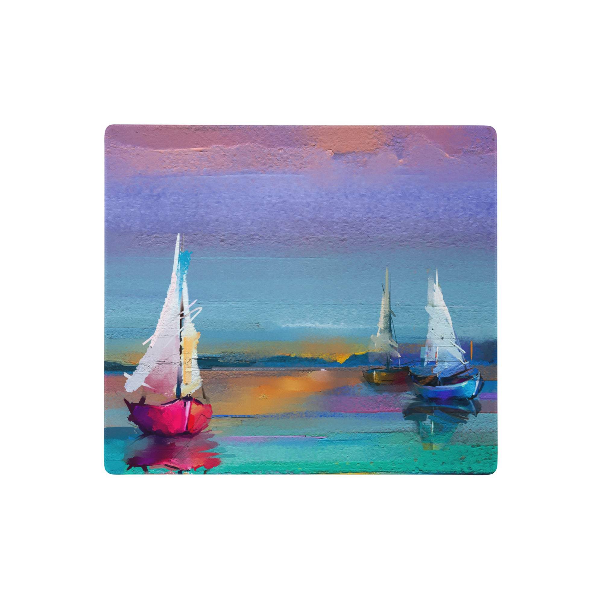 Azure sailboats abstract mouse pad with vibrant blue teal purple orange sailboats on a colorful sea under pastel sky