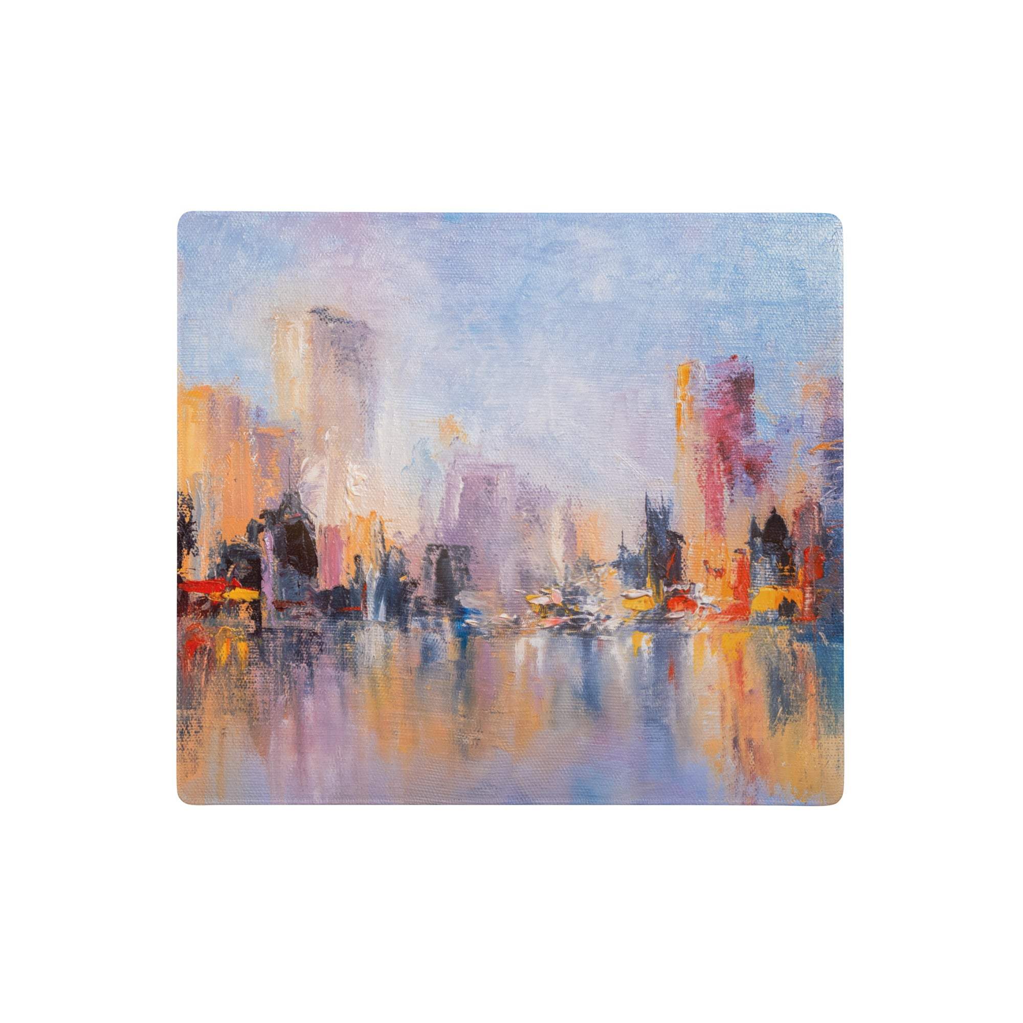 Abstract cityscape blues mouse pad with soft pastel hues and textured brushstrokes for vibrant desk decor