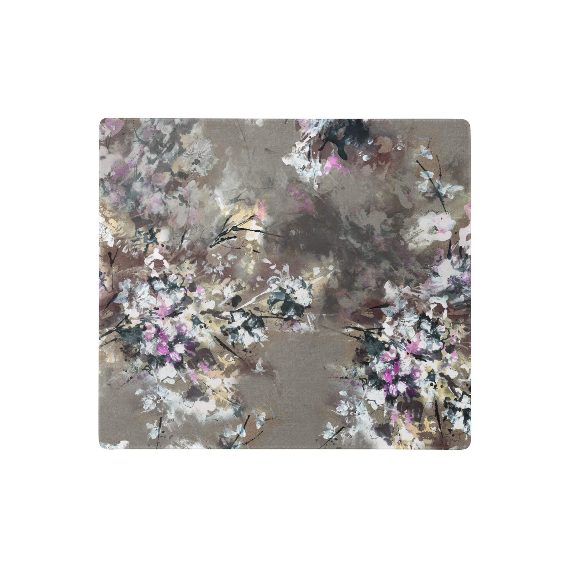 Floral abstract gaming mouse pad with soft pink white and gray blossoms on a textured beige fabric surface