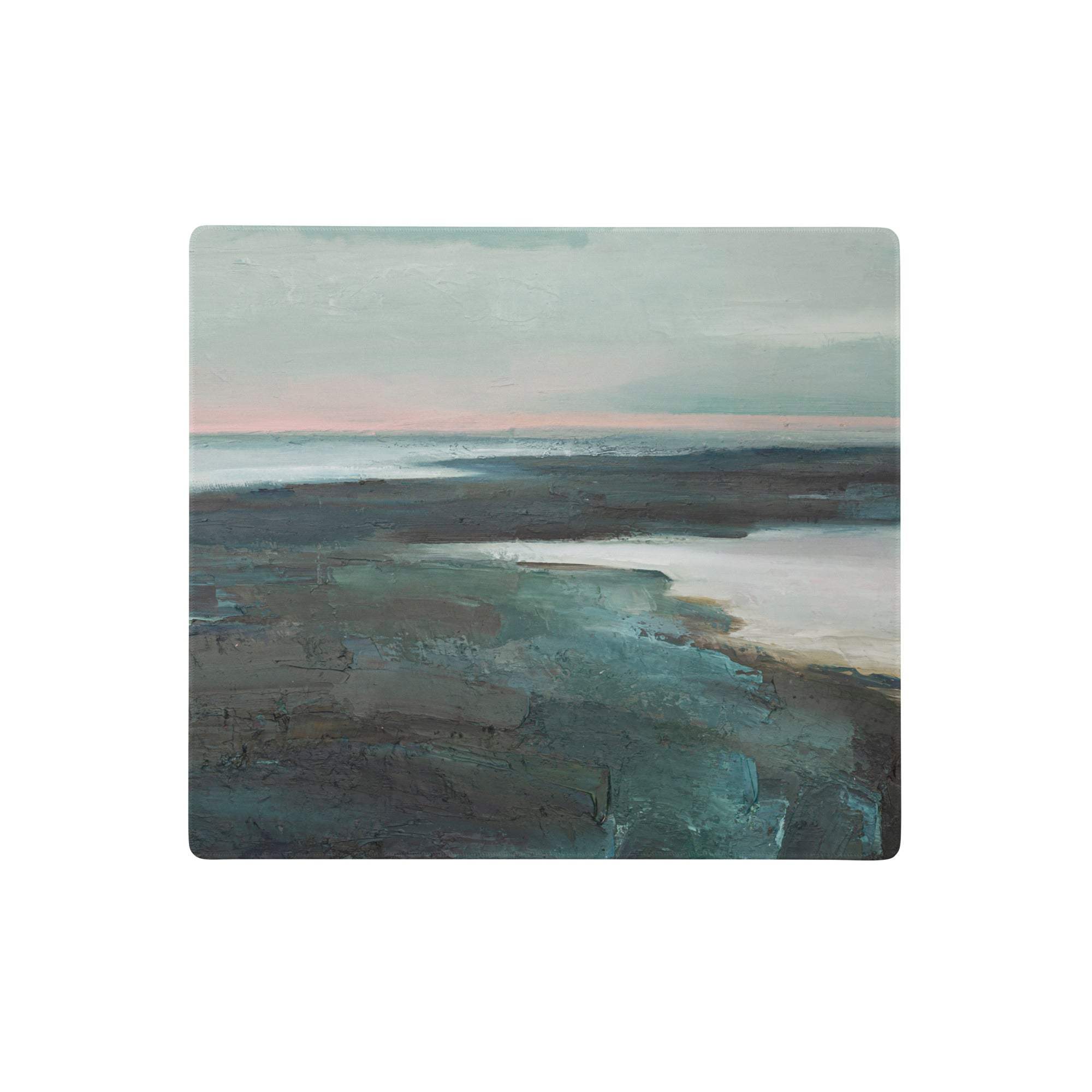 Pastel seascape horizon mouse pad with textured abstract landscape in muted teal gray and soft pink for a calm coastal desk setup
