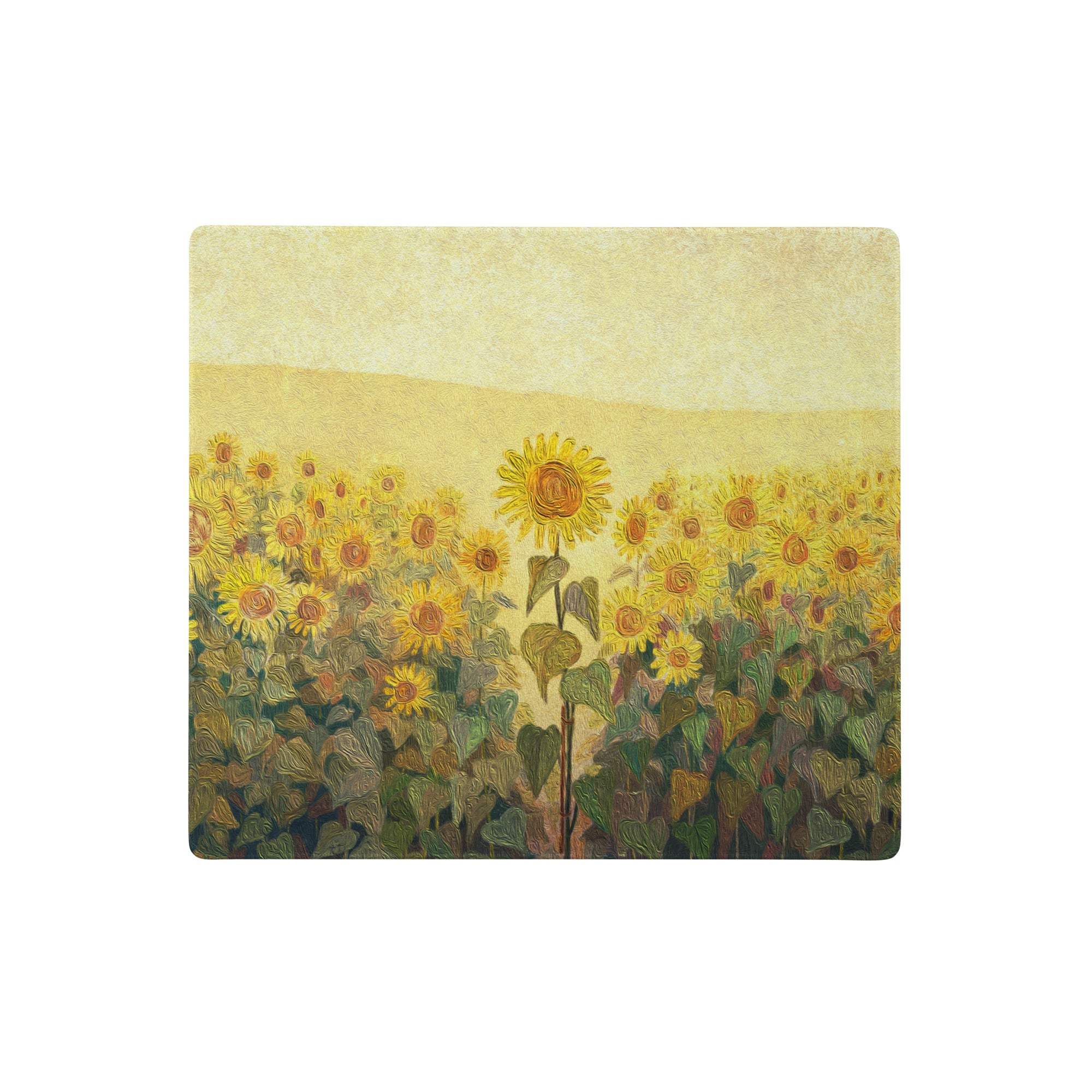 Square sunflower field gaming mouse pad with textured impressionist oil painting in vibrant yellow and green tones