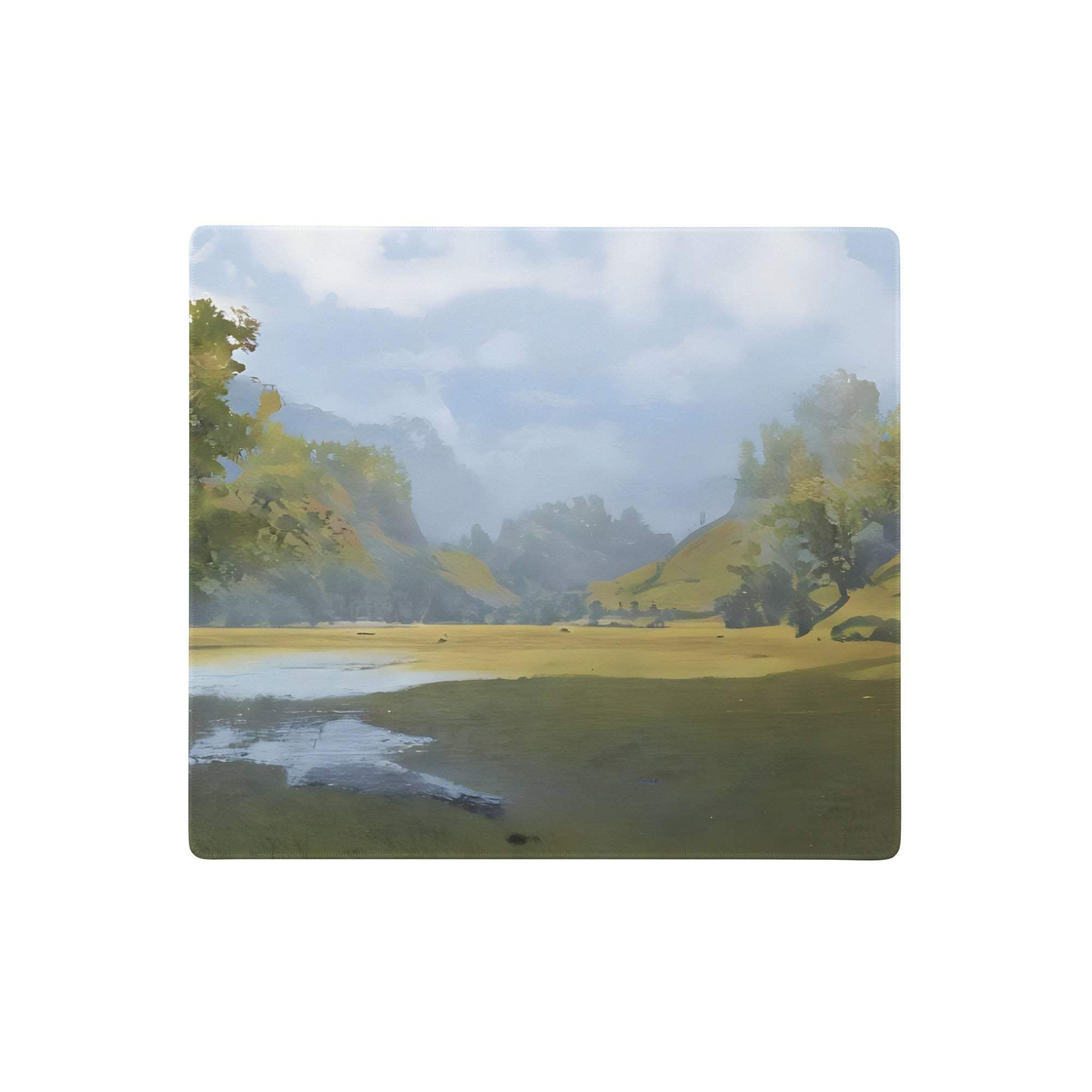 Square ceramic coaster with soft watercolor misty mountains green trees and reflective water under pale blue sky