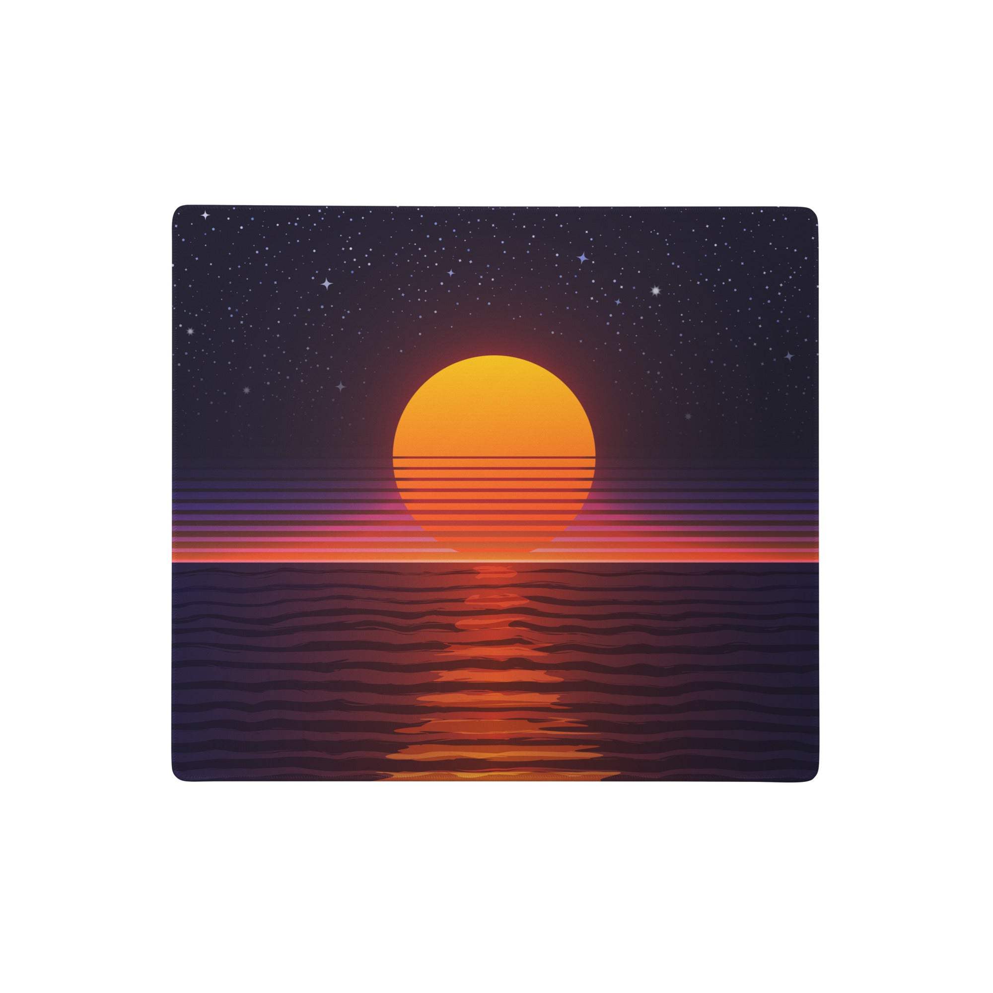 Rectangular non slip gaming mouse pad with retro orange purple sunset starfield and mirrored reflection design
