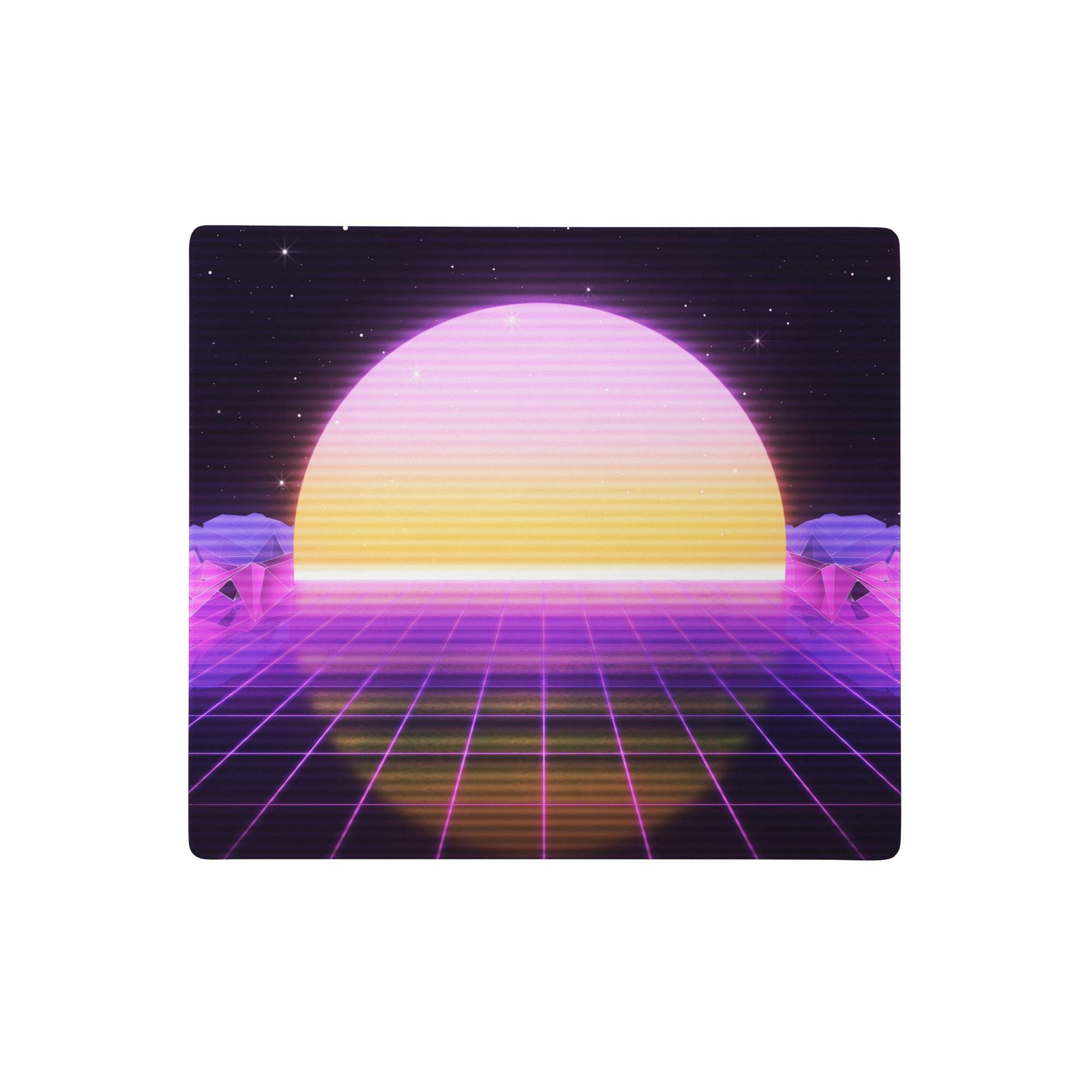 A rectangular vaporwave sunset gaming desk pad with a glowing pink and yellow sun over a purple grid landscape