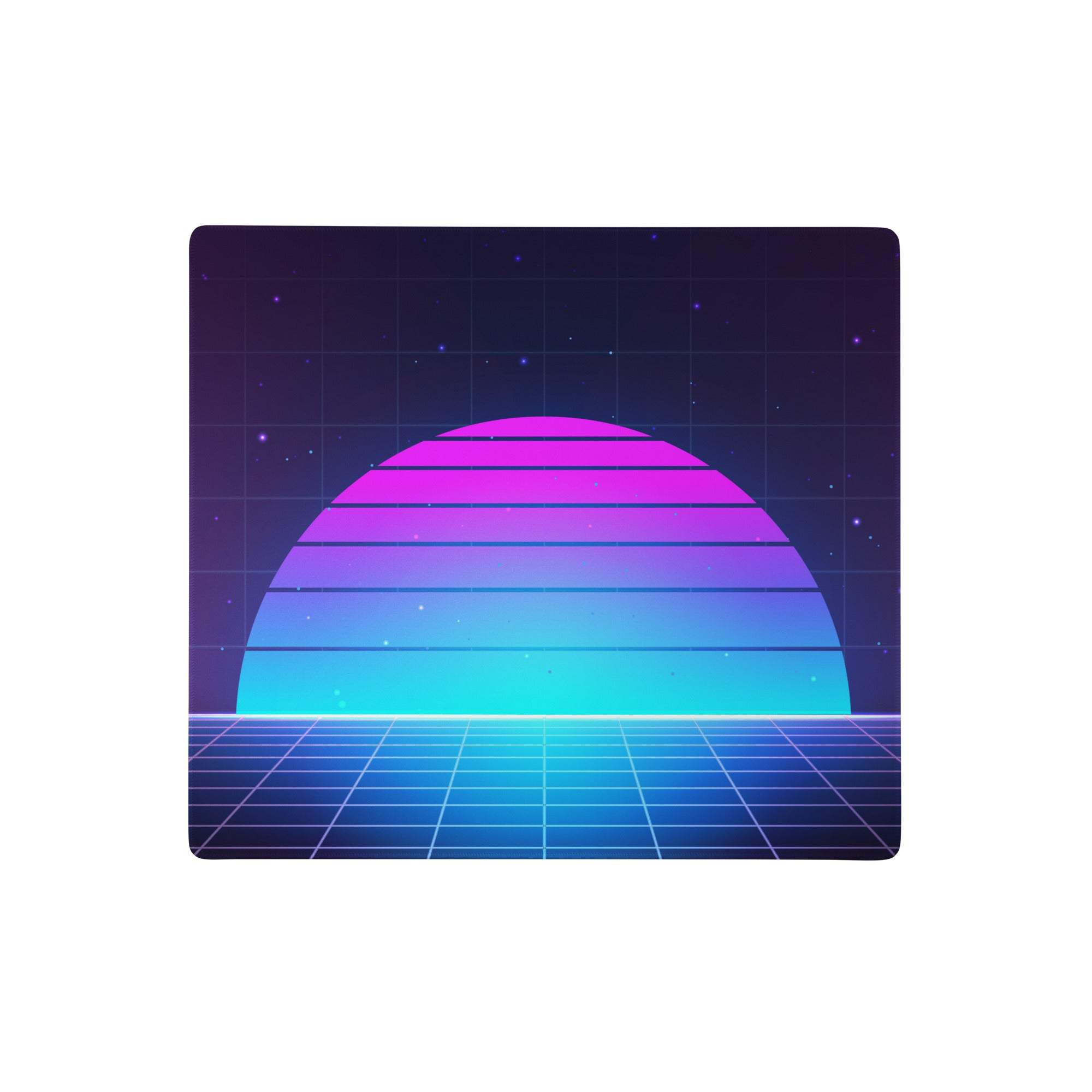 Neon gradient retro grid large gaming mouse pad with vibrant magenta to cyan sunset on dark grid background