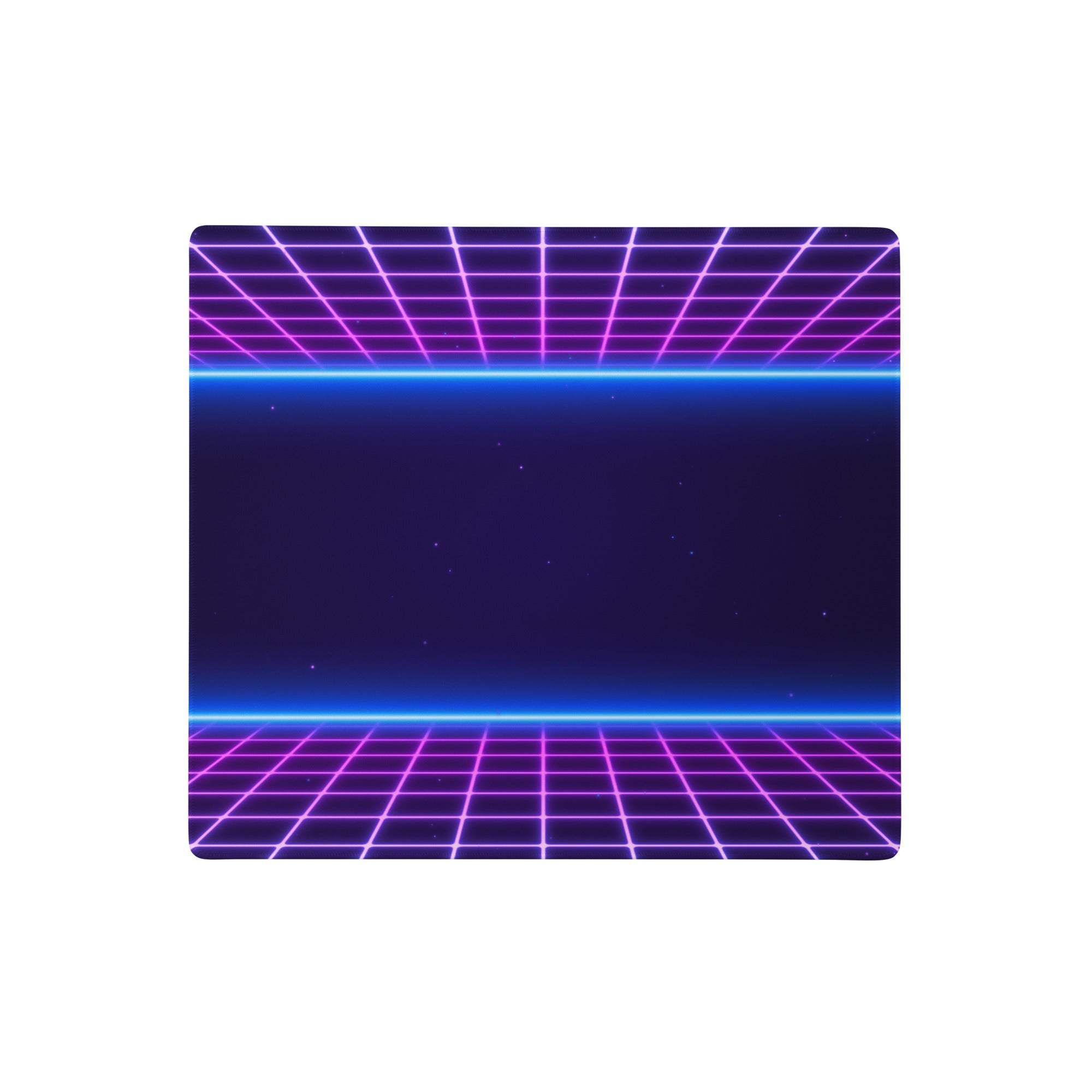 Purple and blue neon grid-patterned gaming mouse pad with a retro sci-fi synthwave design for desk setups