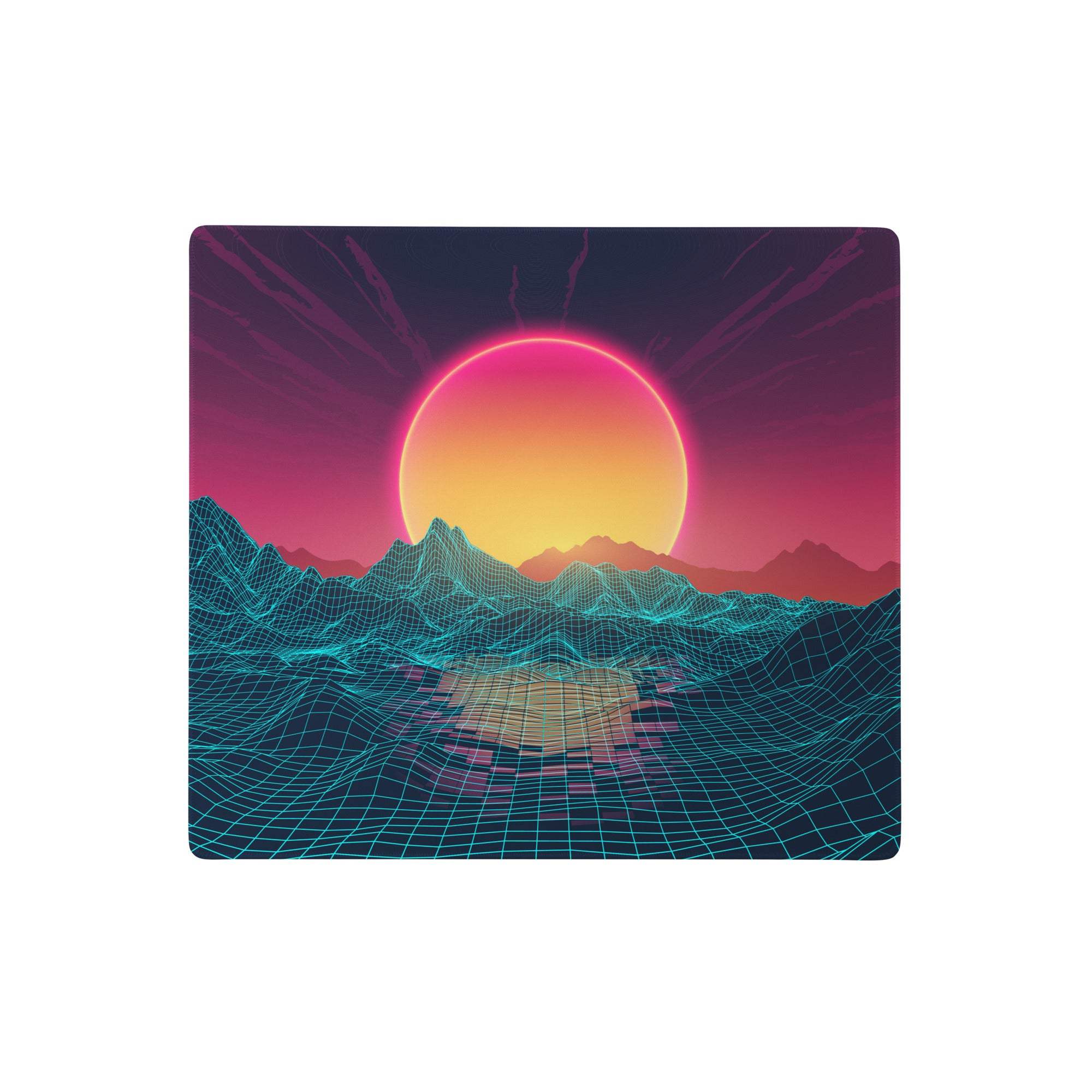 Rectangular neon sunset landscape desk pad with vibrant retro-futuristic pink orange sun and teal wireframe mountains