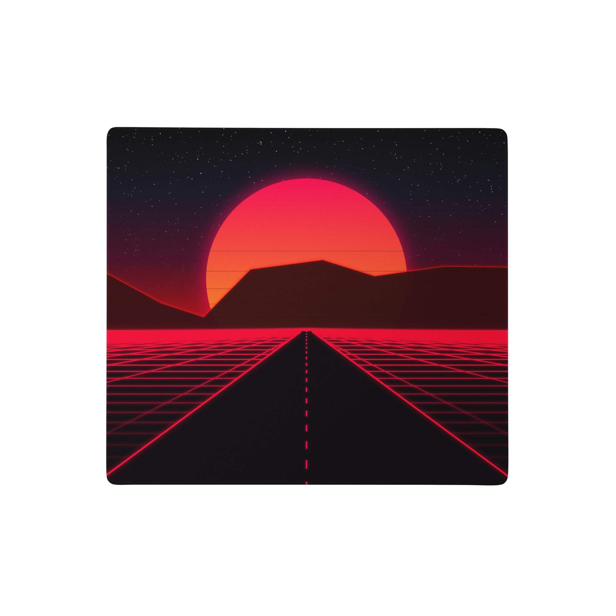 Neon sunset grid pro mouse pad with vibrant red black retro futuristic design for gaming desk setup and synthwave decor