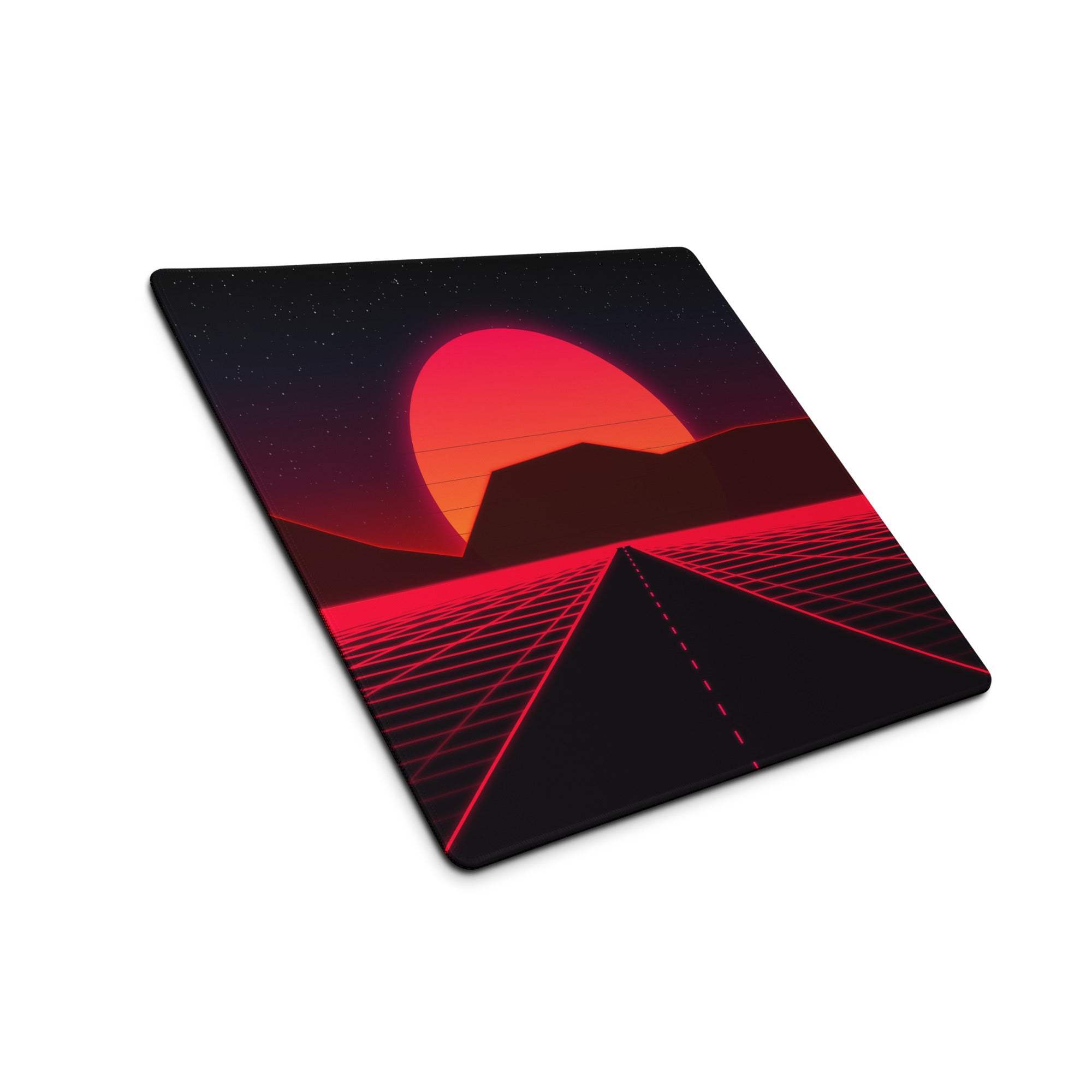 Neon sunset grid pro gaming mouse pad with sleek black surface, vibrant red neon lines, and retro-futuristic sunset design