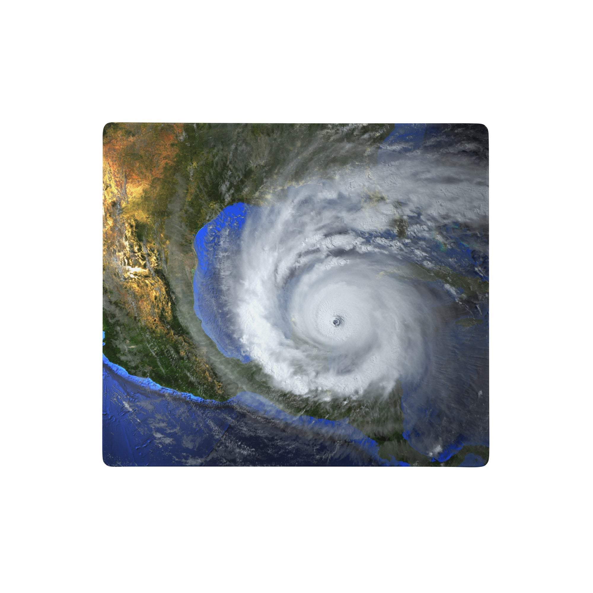 Rectangular mousepad with vivid satellite image of swirling hurricane over blue ocean and green land for gaming desk use