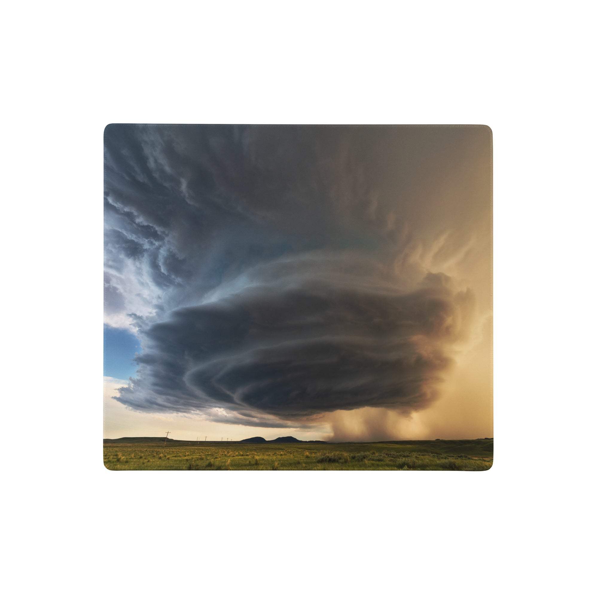 Square-shaped supercell panorama gaming mouse pad with dark swirling storm cloud landscape in blue gray tones