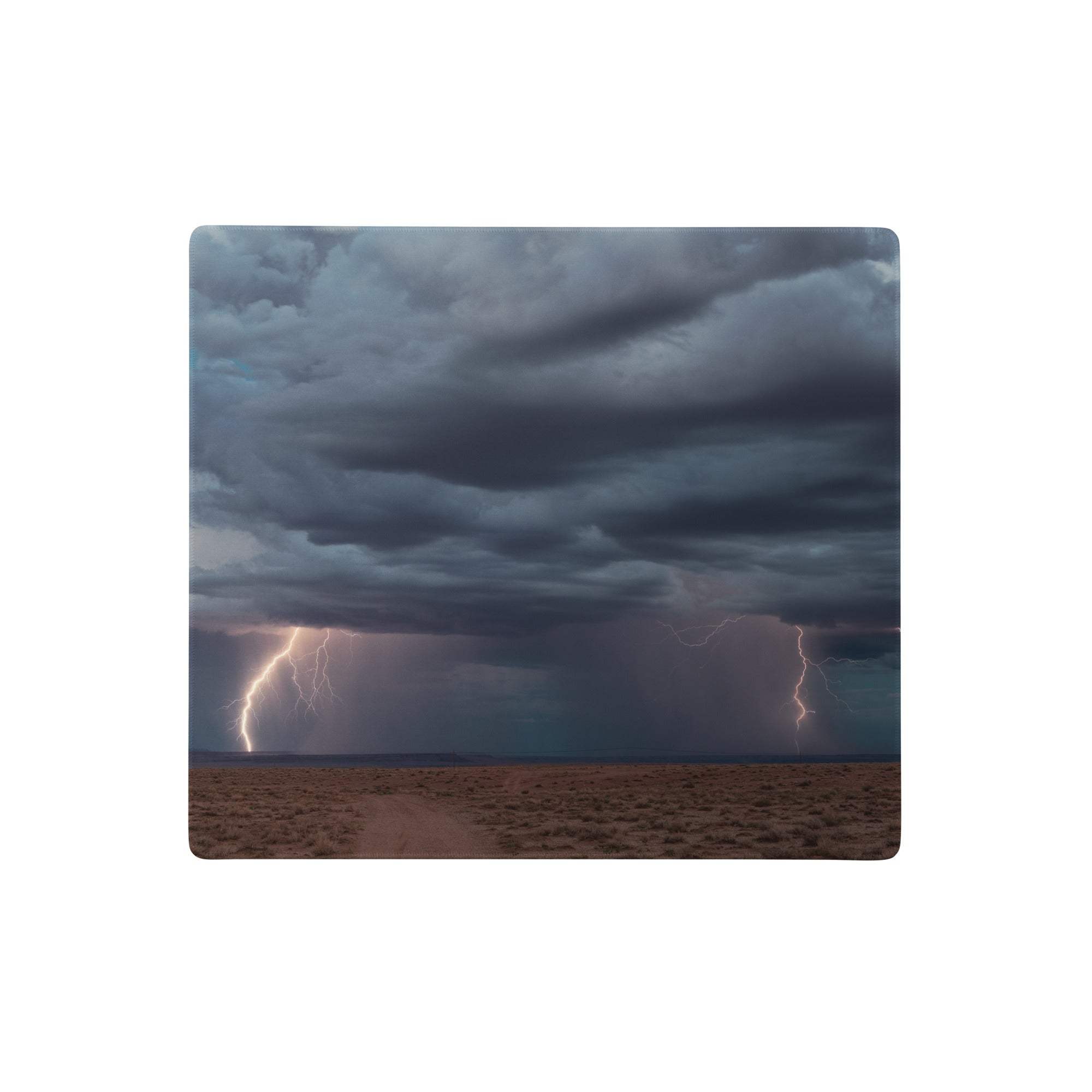 Stormy lightning pro gaming mouse pad with blue storm design featuring dark clouds and vivid lightning over barren landscape