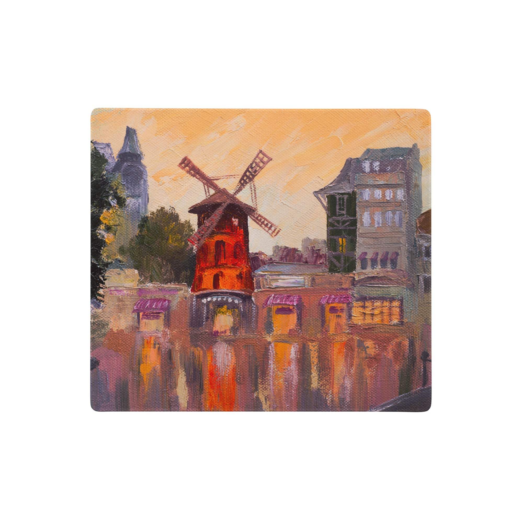 Square coaster with painted orange-red windmill and warm-toned reflections inspired by dutch windmill desk pad design