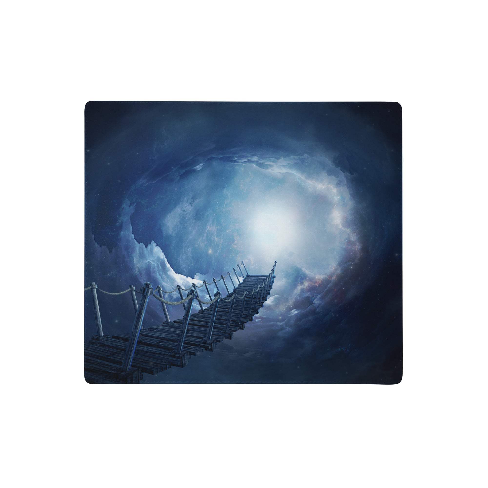 Cosmic bridge gaming mouse pad with a rectangular design featuring a wooden bridge and bright cosmic portal under deep blue sky