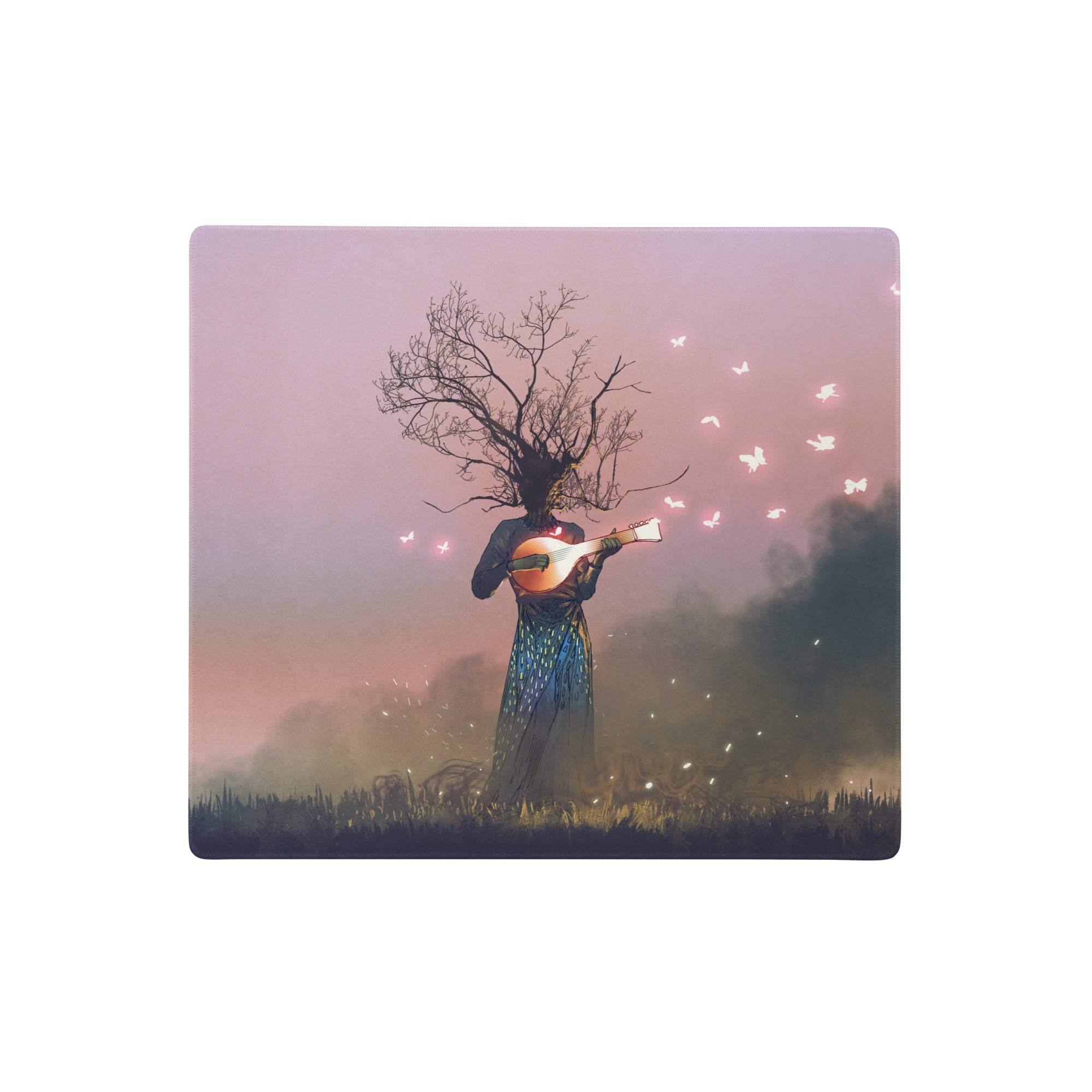 Dreamscape guitar tree mouse pad featuring surreal art of a figure with tree head in blue dress holding orange mandolin on pink sky