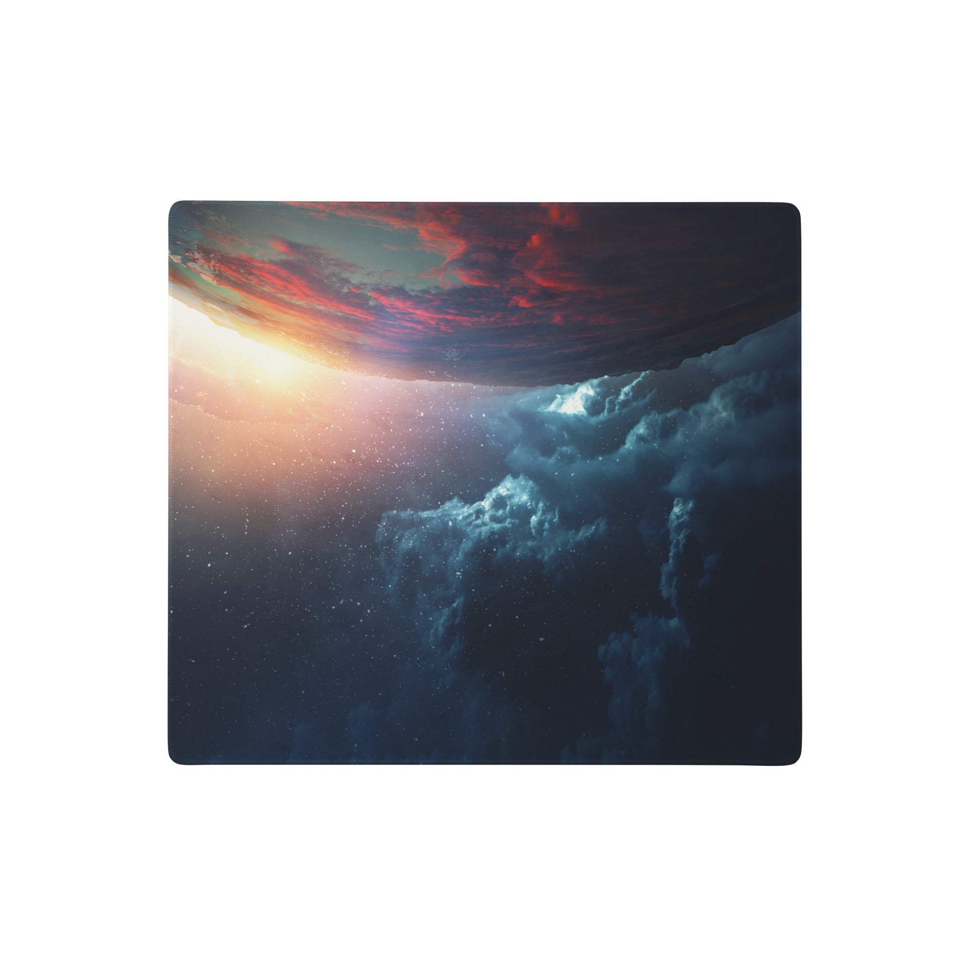 A rectangular cosmic night gaming mouse pad with a vivid blue black cosmic design and non slip modern tech decor