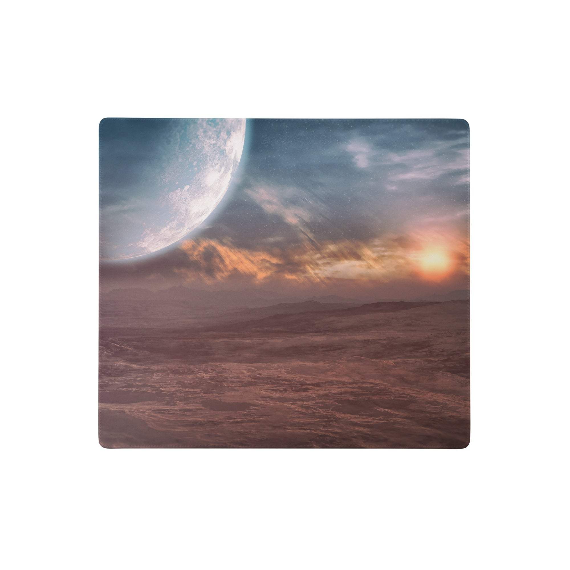 Rectangular cosmic ocean blue planet mouse pad with vivid space scene featuring blue planet orange sun and starry sky