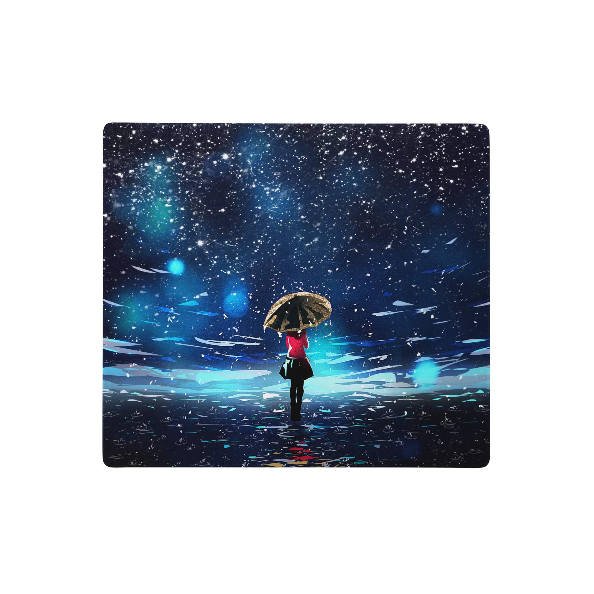 Cosmic night sky gaming mouse pad with digital art of a red figure holding umbrella under starry blue teal space sky
