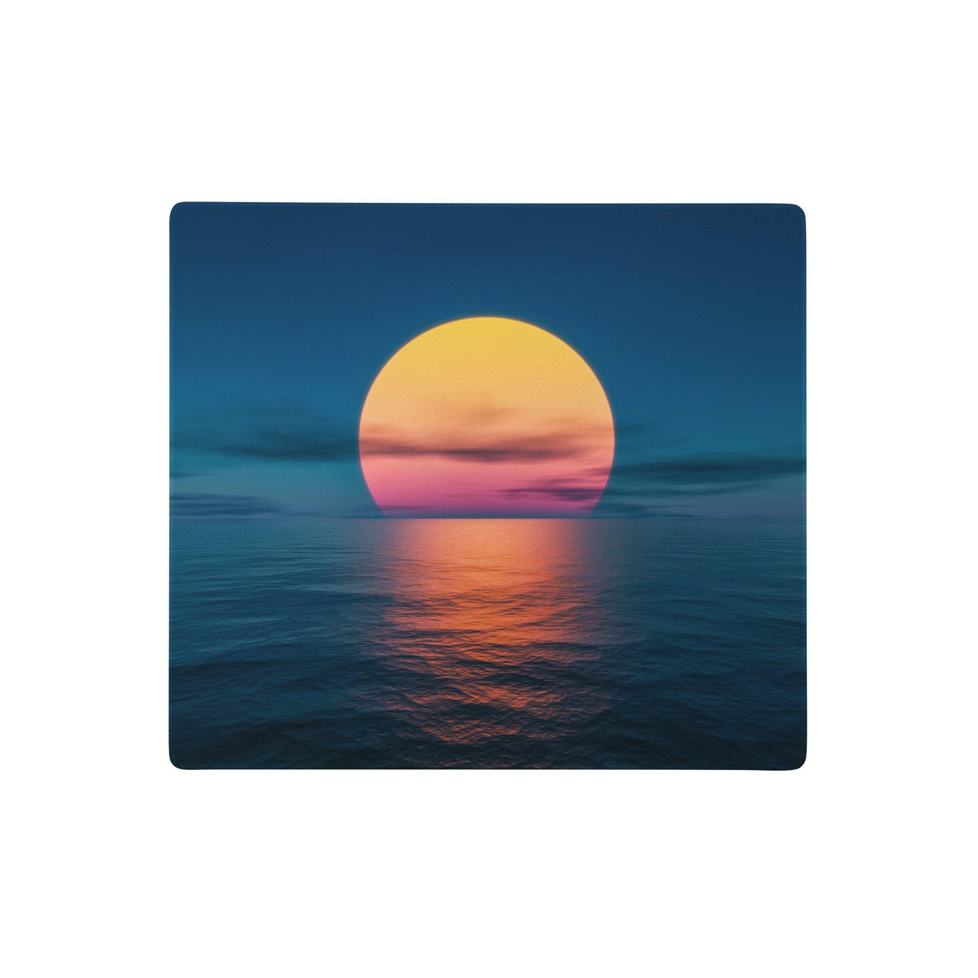 A rectangular blue sunset gaming mouse pad featuring a vivid sunset over calm ocean waters with warm gradients