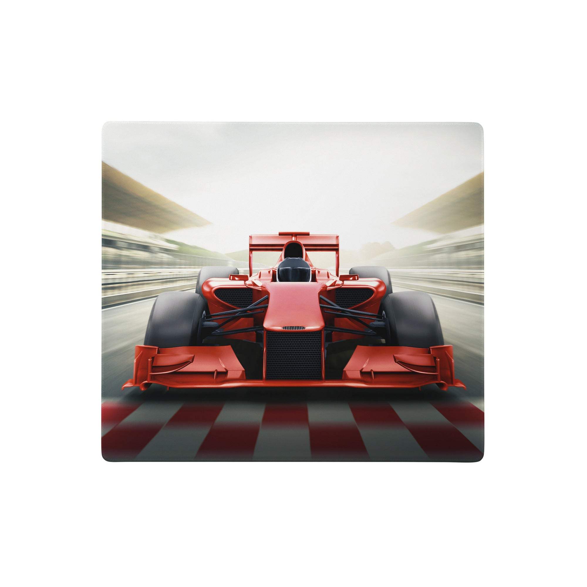 Racing red formula mouse pad featuring a red formula 1 car speeding across a checkered finish line for gaming and esports
