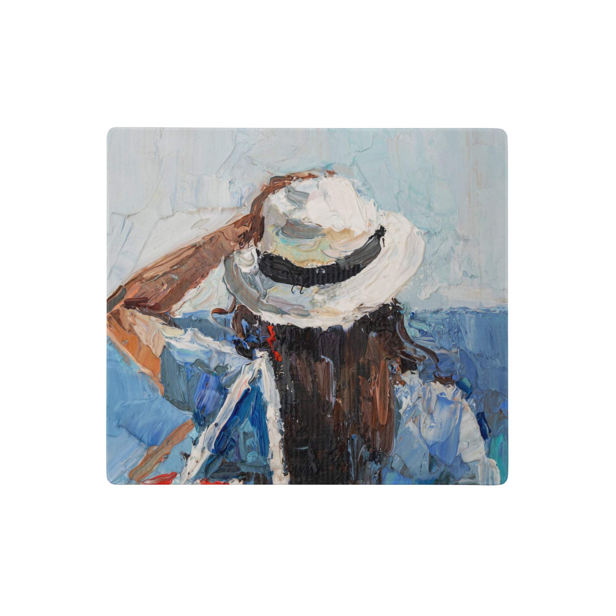 White straw hat with black band painted in impressionistic style on rectangular canvas for mountain dawn desk setup