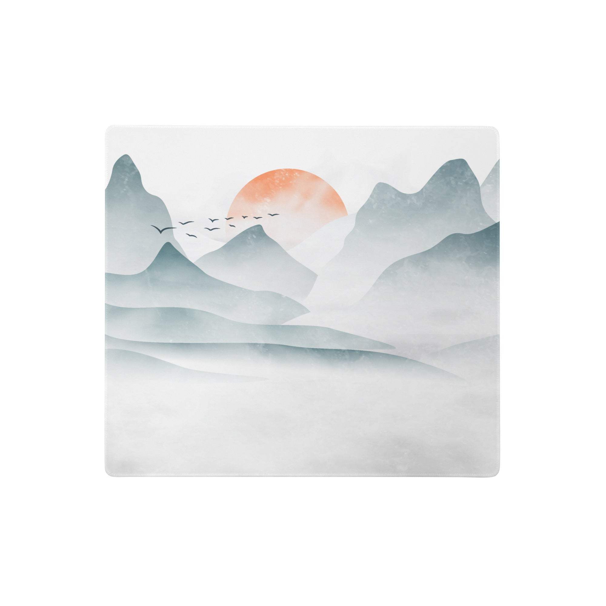 Calm mountain sunrise mouse pad with watercolor misty blue gray mountains orange sun and flying bird silhouettes