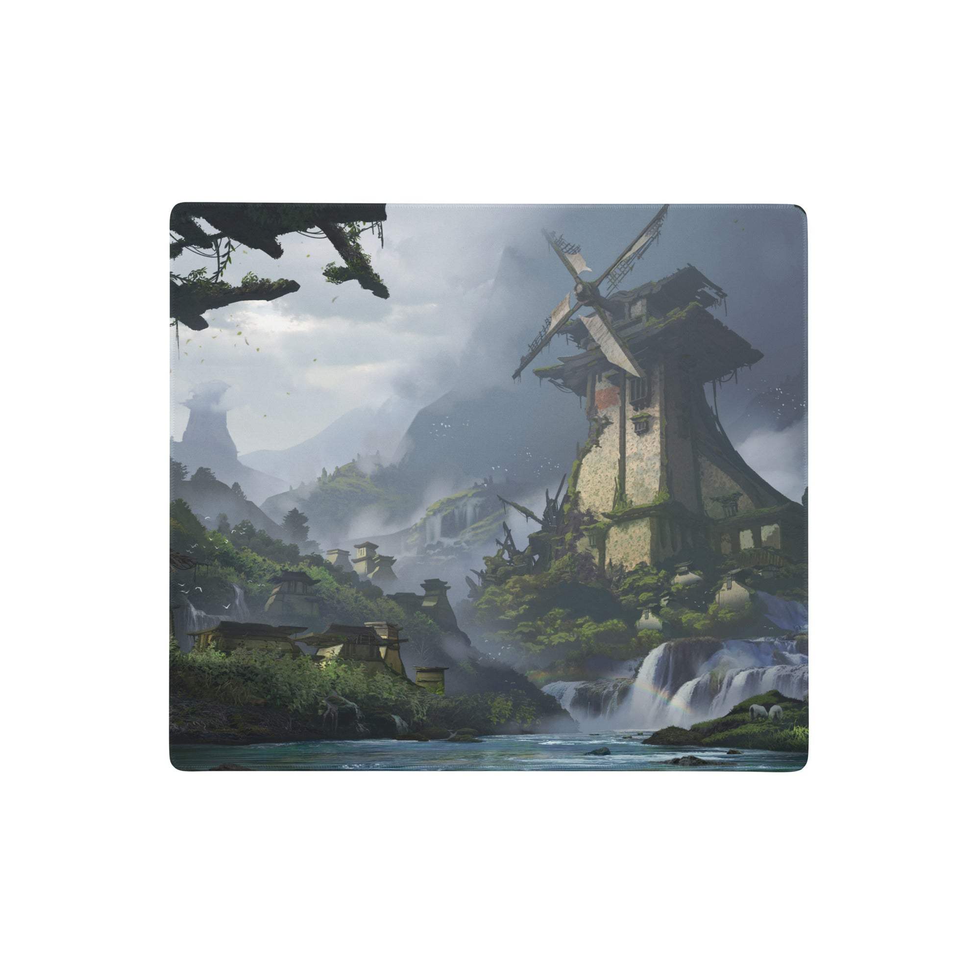 Square gaming mousepad with detailed blue green fantasy landscape featuring stone windmill misty mountains and waterfalls