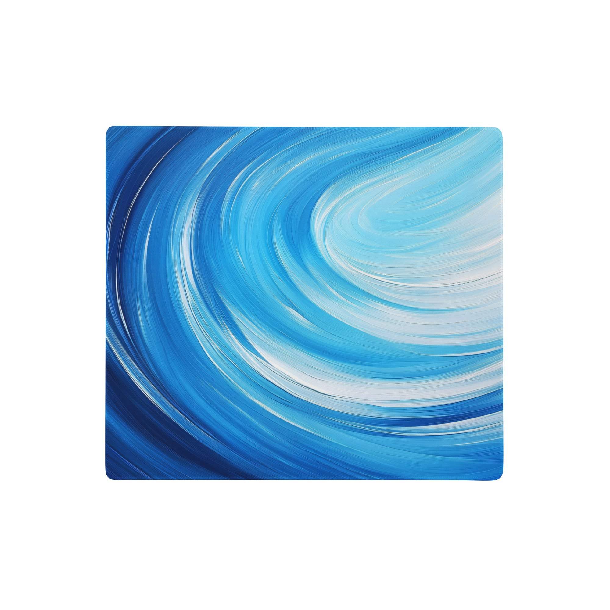 Blue swirl gaming mouse pad with flowing brushstroke patterns in blue and white large anti slip textile print