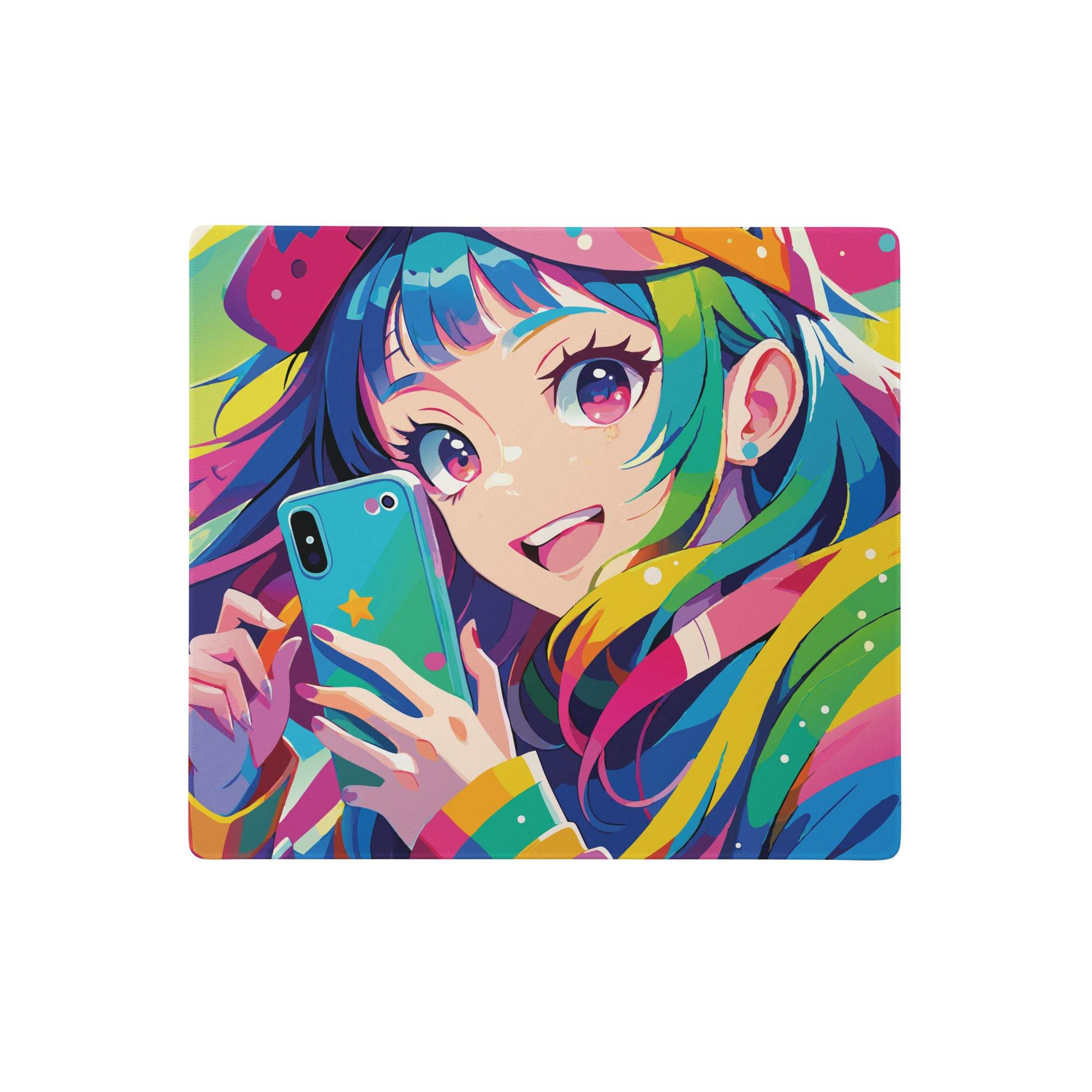 Vibrant anime portrait mouse pad with rainbow multicolor design featuring cheerful character and star-adorned phone