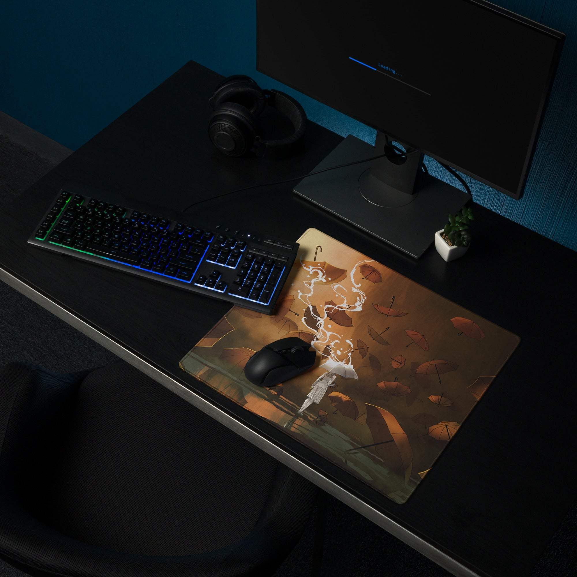 A rectangular gaming mousepad with a matte finish featuring an illustrated character with falling umbrellas and glowing energy in brown orange gradient