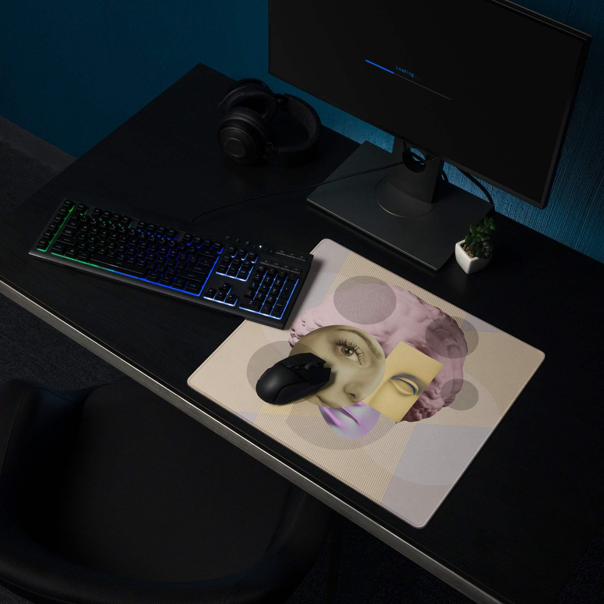 Rectangular geometric pop art mouse pad with pastel pink and beige portrait and abstract circular patterns for gaming use