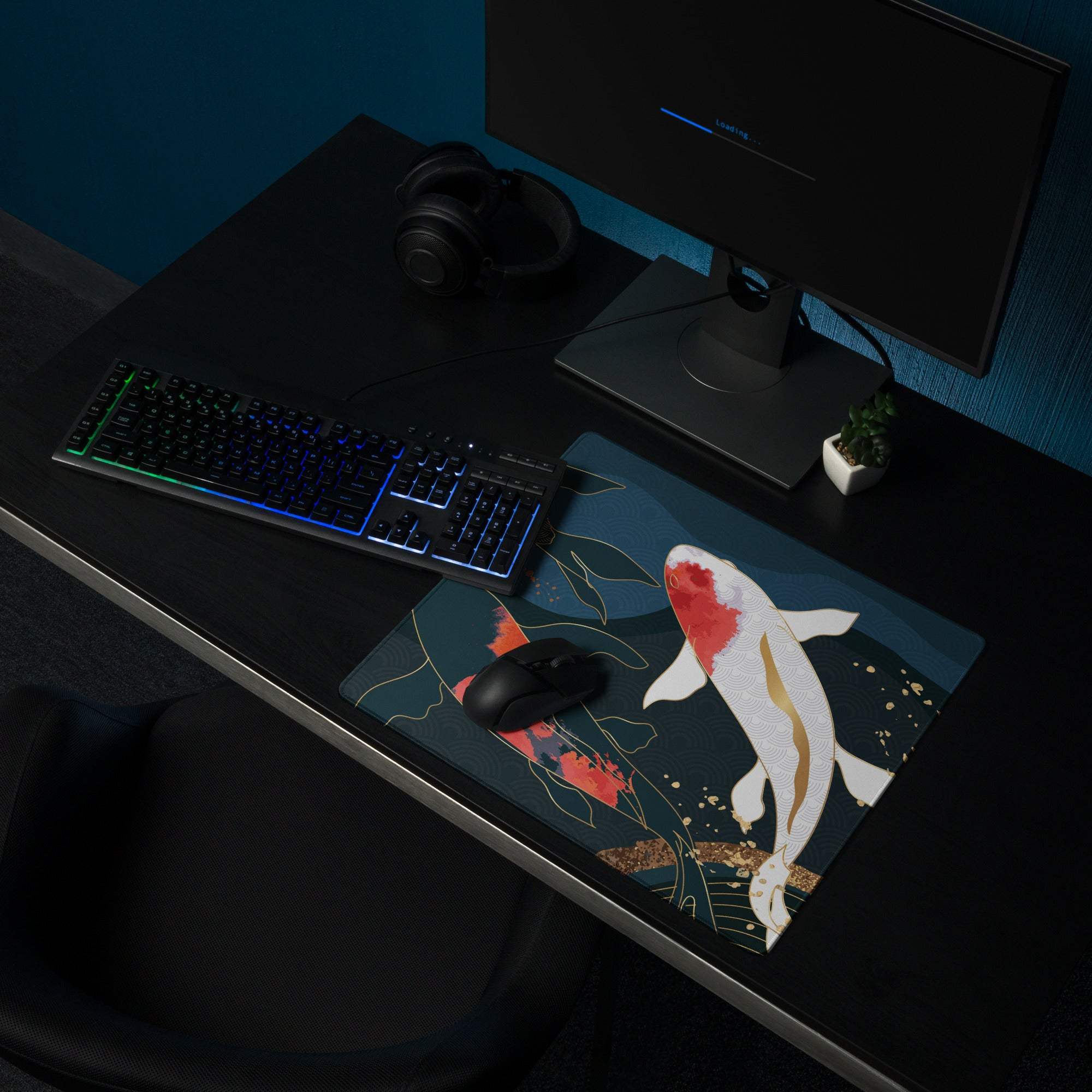 A rectangular koi fish zen gaming mouse pad with vibrant white red and orange koi on a dark teal aquatic background