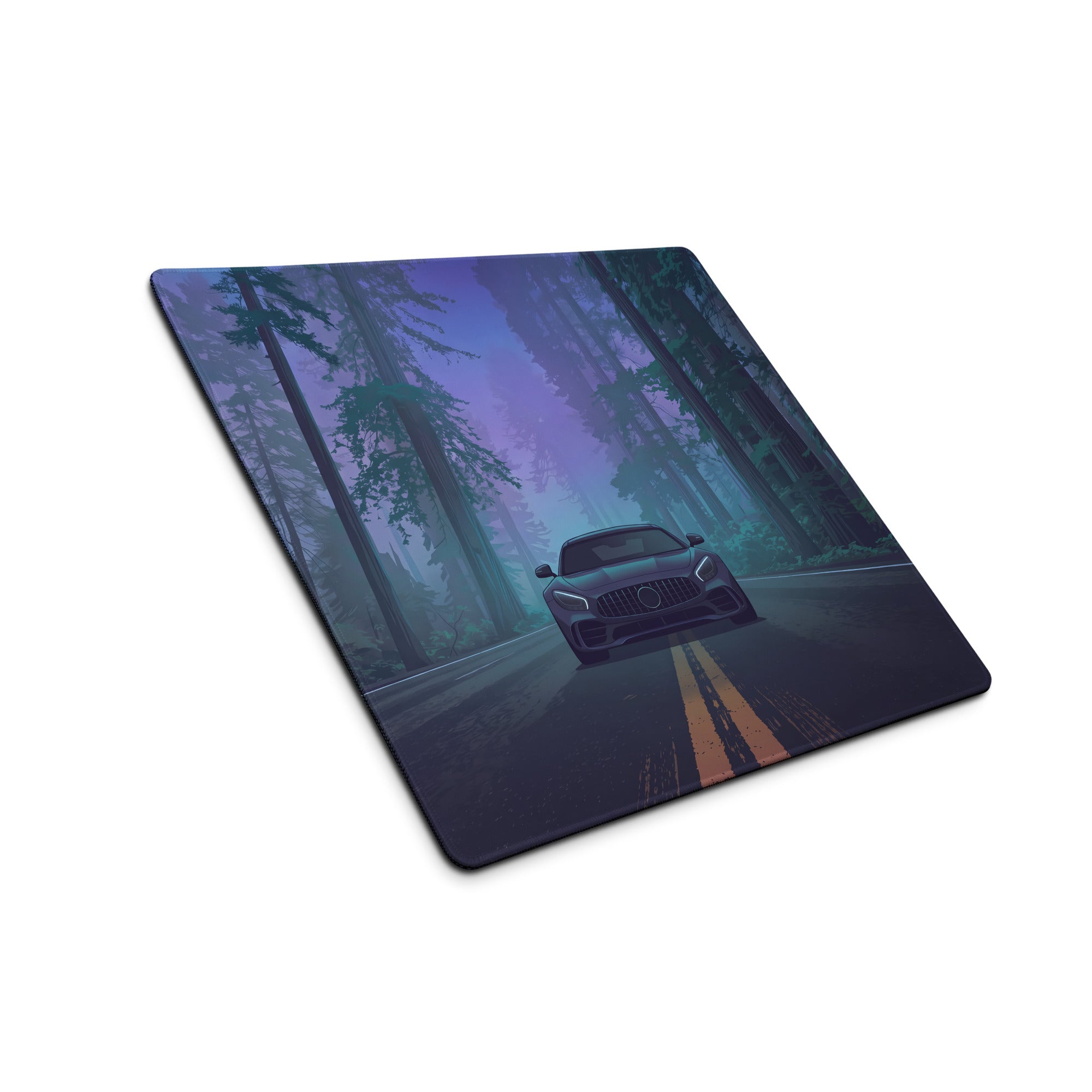 Mercedes-AMG GT Inspired Black Blue Vaporwave Gaming Mouse Pad, Moody Sports Car Desk Mat with Neon Forest Road Artwork and Cyberpunk Style
