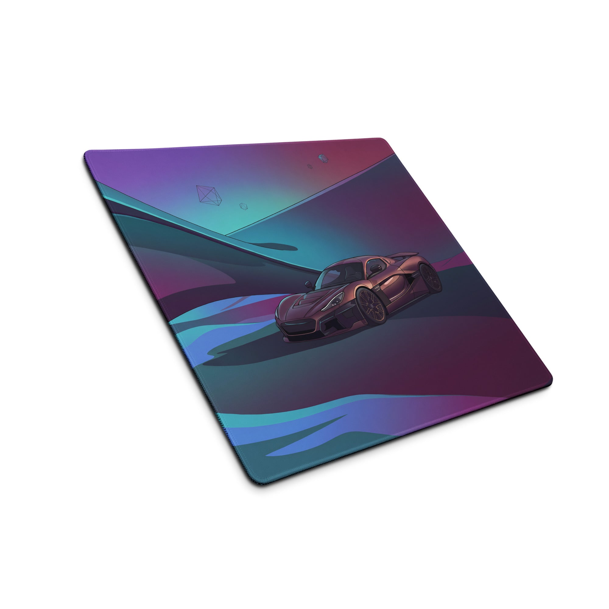 Rimac Nevera Inspired Purple Vaporwave Gaming Mouse Pad – Teal Magenta Abstract Landscape Desk Mat with Futuristic Geometric Synthwave Art