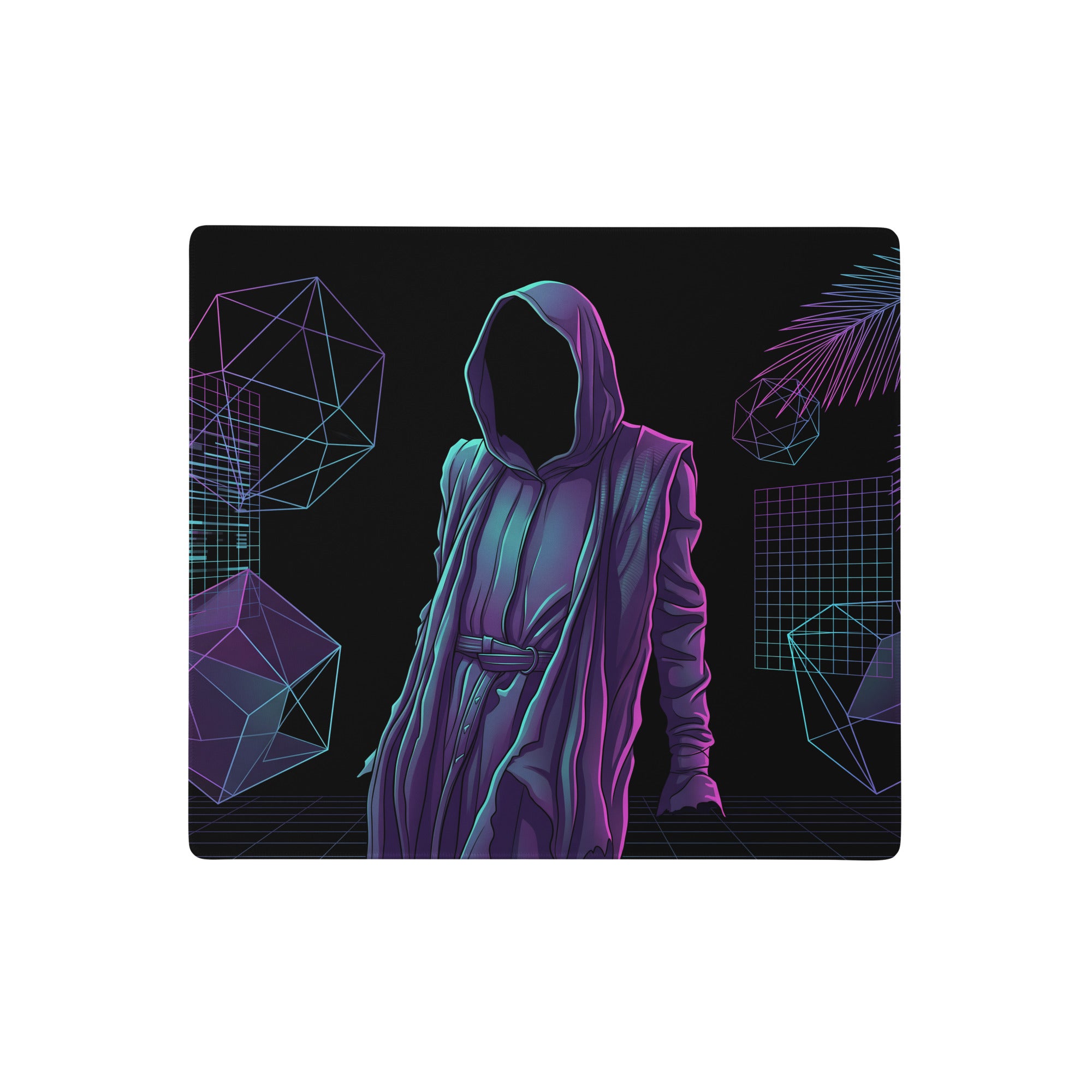 Neon vaporwave hooded mouse pad featuring neon purple and teal digital art of a hooded figure on geometric grid patterns