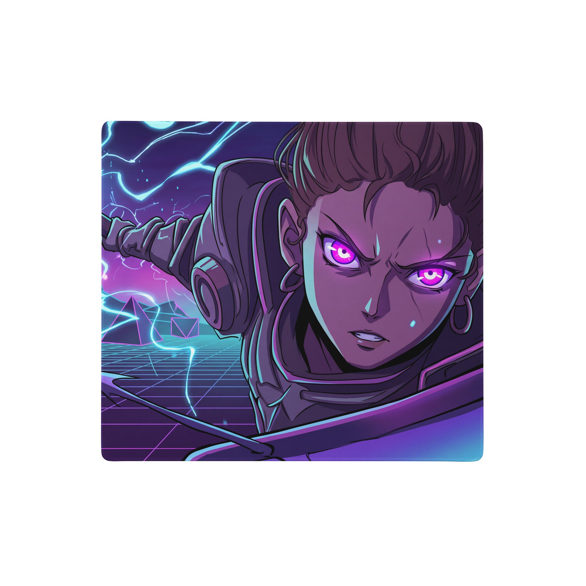 Purple and neon blue vaporwave neon night gaming mousepad with a stylized character with glowing eyes on a smooth surface