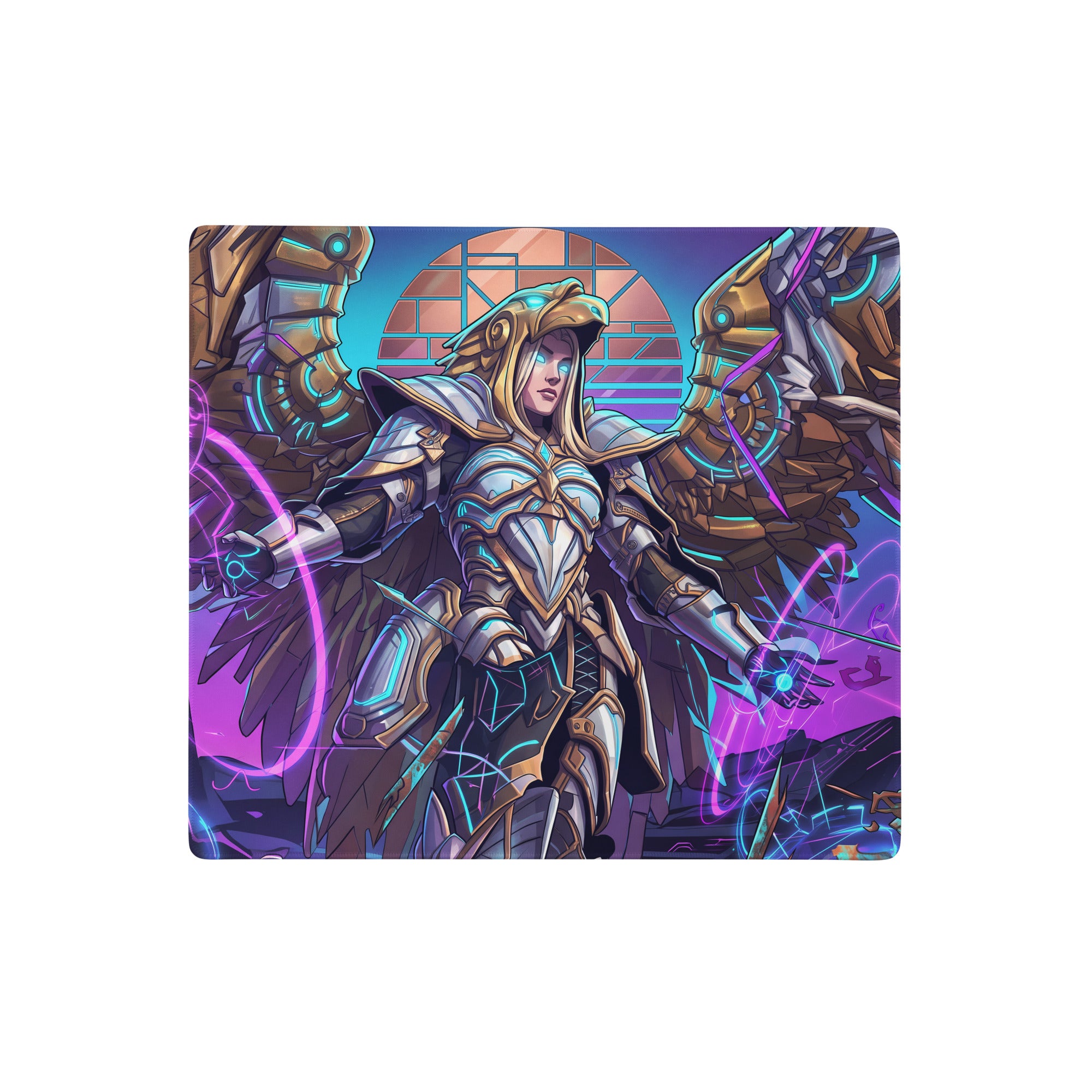 Rectangular gaming mousepad with neon purple and blue armored angel design and glowing energy effects for desk use