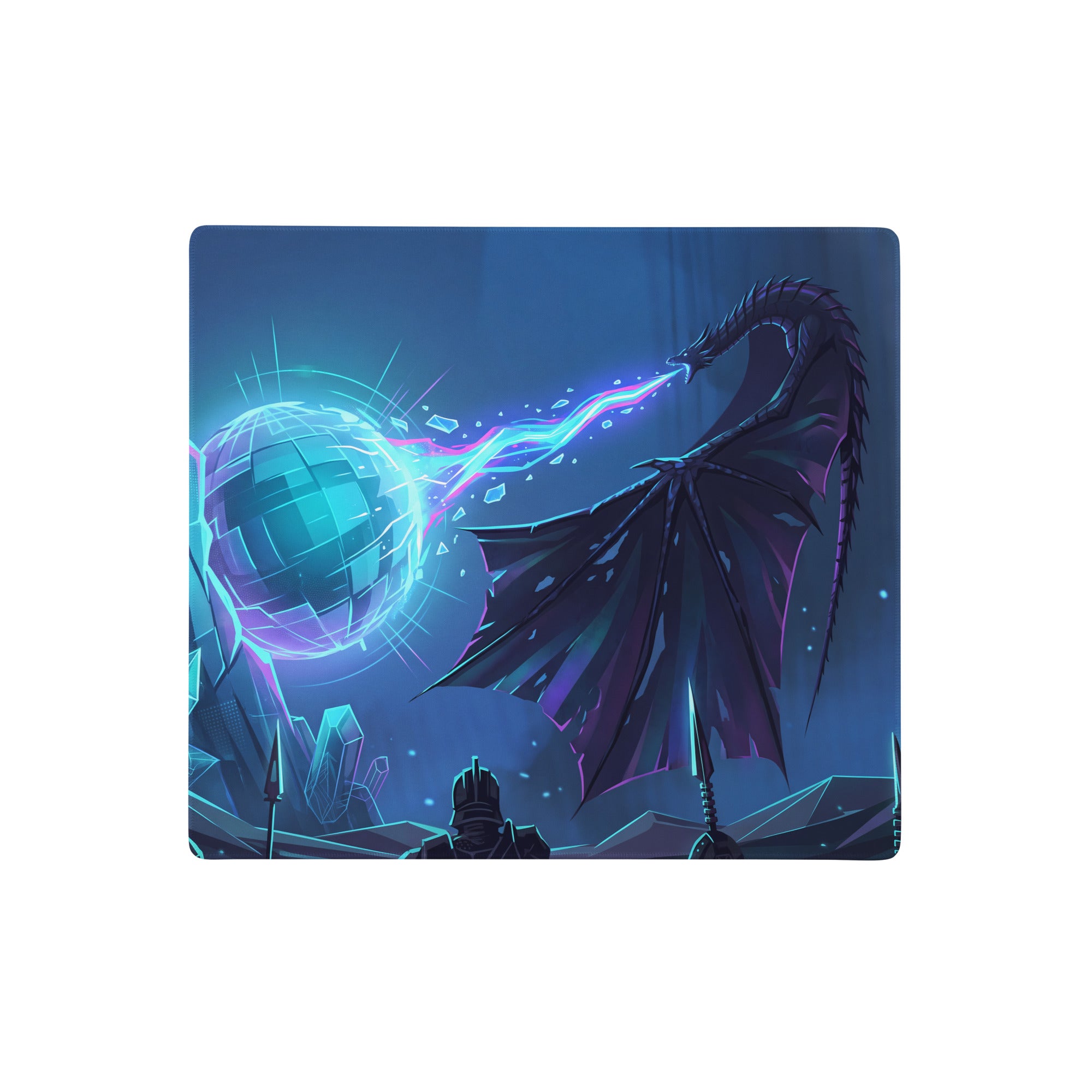 Vaporwave neon dragon desk mat mouse pad with blue and purple dragon breathing energy at glowing disco ball design