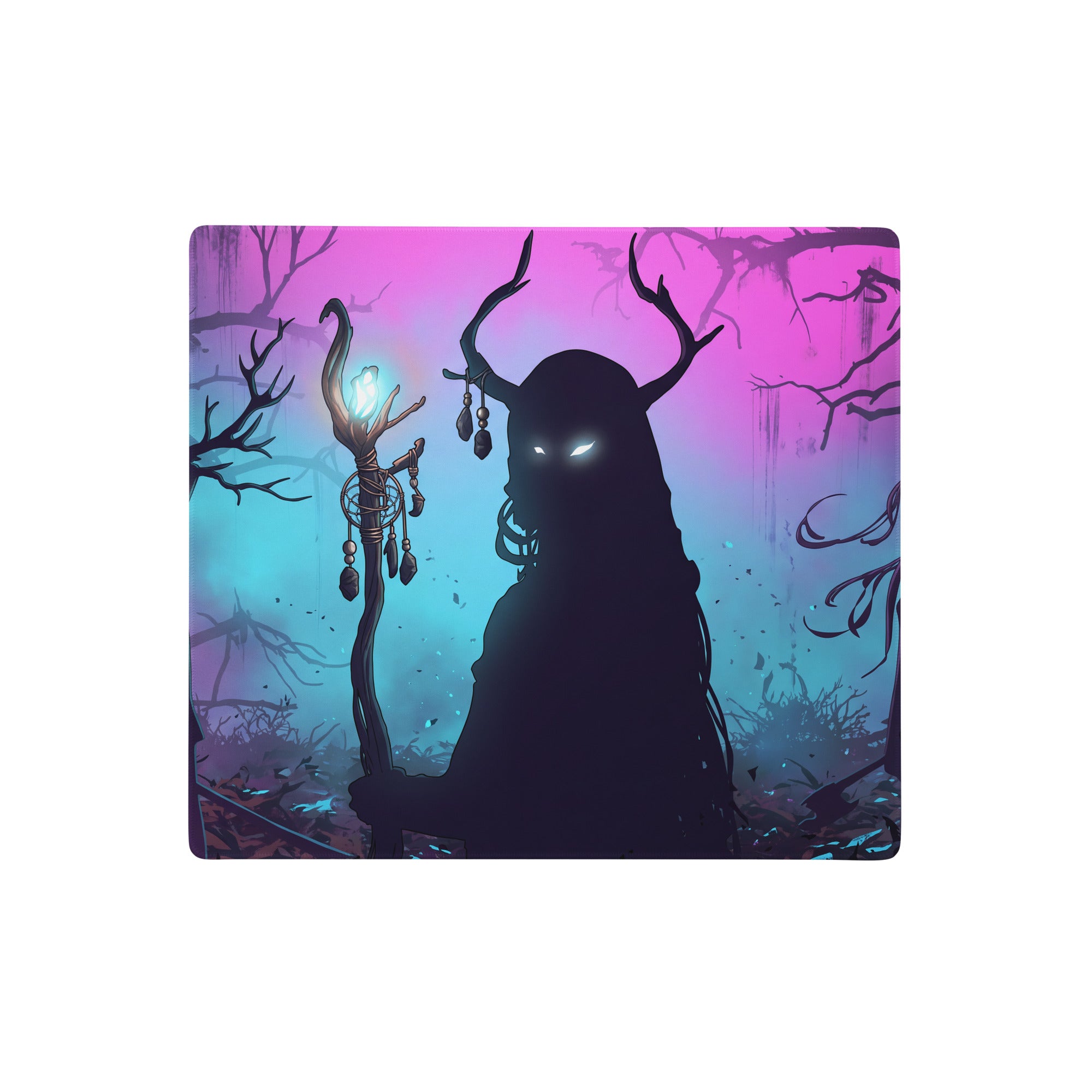 Neon vaporwave forest gaming mousepad with dark horned figure and glowing blue staff on pink to teal gradient background