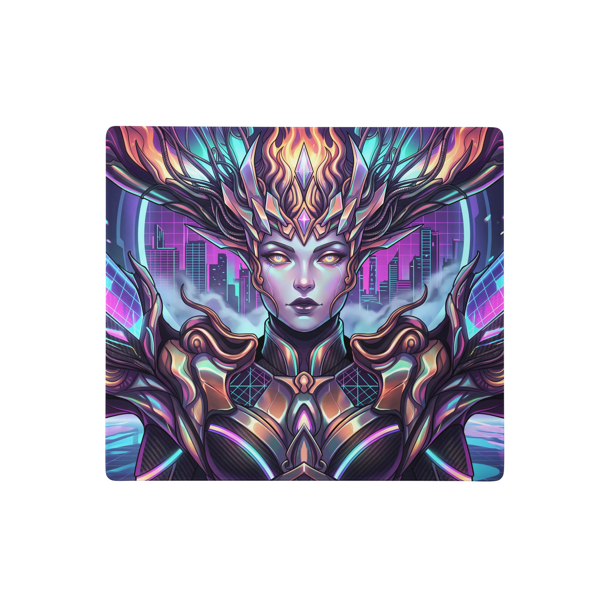 Vibrant rectangular gaming mousepad with stylized cyber-fantasy warrior in glowing orange and purple against neon cityscape