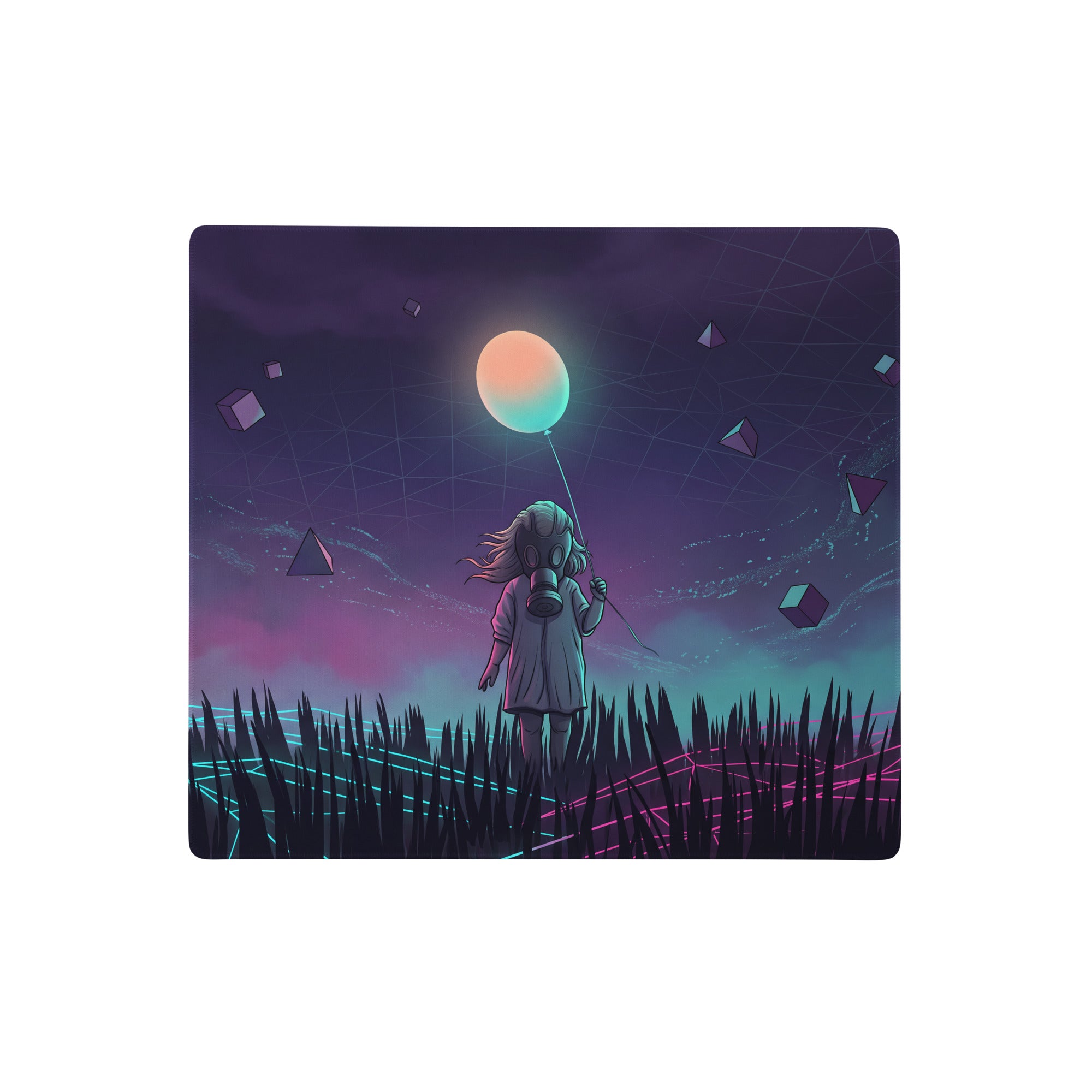Vaporwave neon gaming mouse pad with nostalgic purple neon design of a gas mask figure holding a glowing balloon