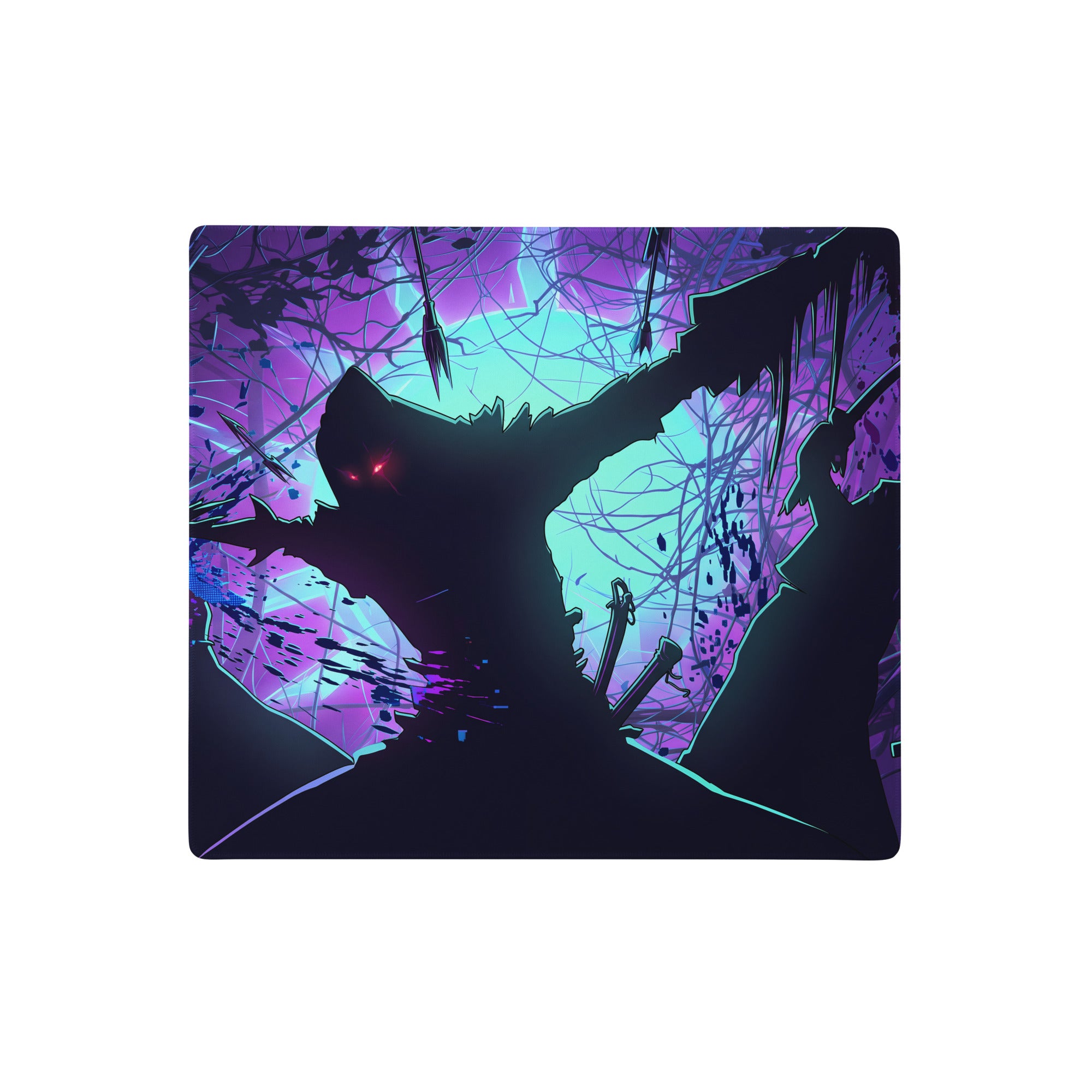 Vibrant purple and teal vaporwave neon night gaming mouse pad with dark stylized figure and glowing red eyes digital art