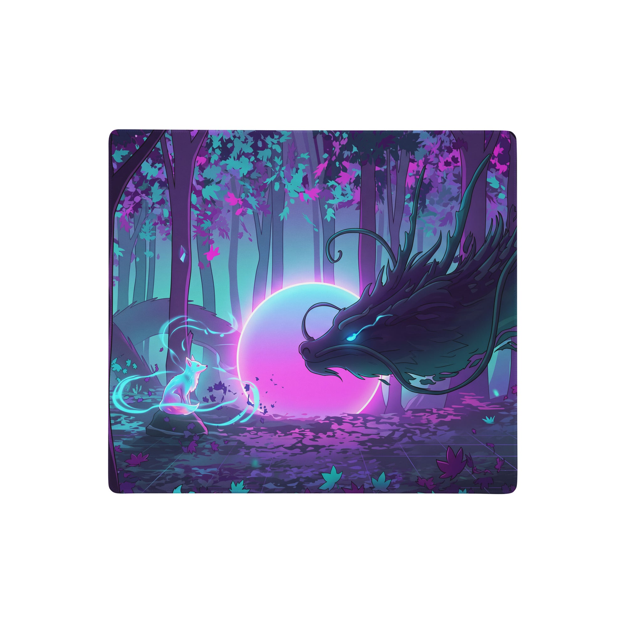 Nebula-themed vaporwave dragon nightscape mouse pad with glowing purple and teal dragon and luminous orb in forest setting